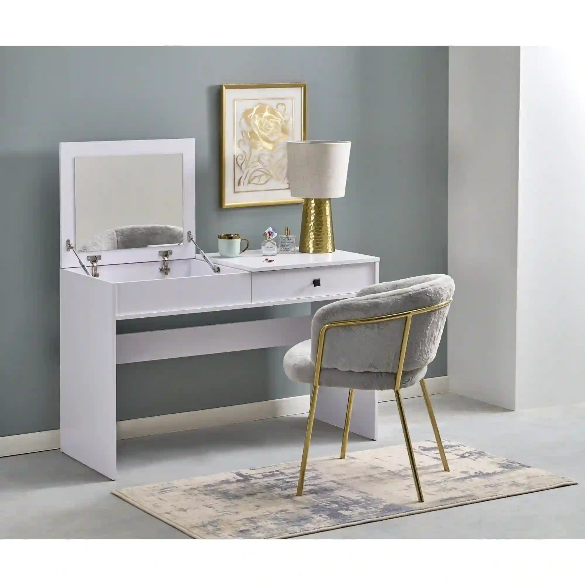 Masa de toaleta MEGAN, alb, PAL laminat, cu oglinda, 120x50x76 cm