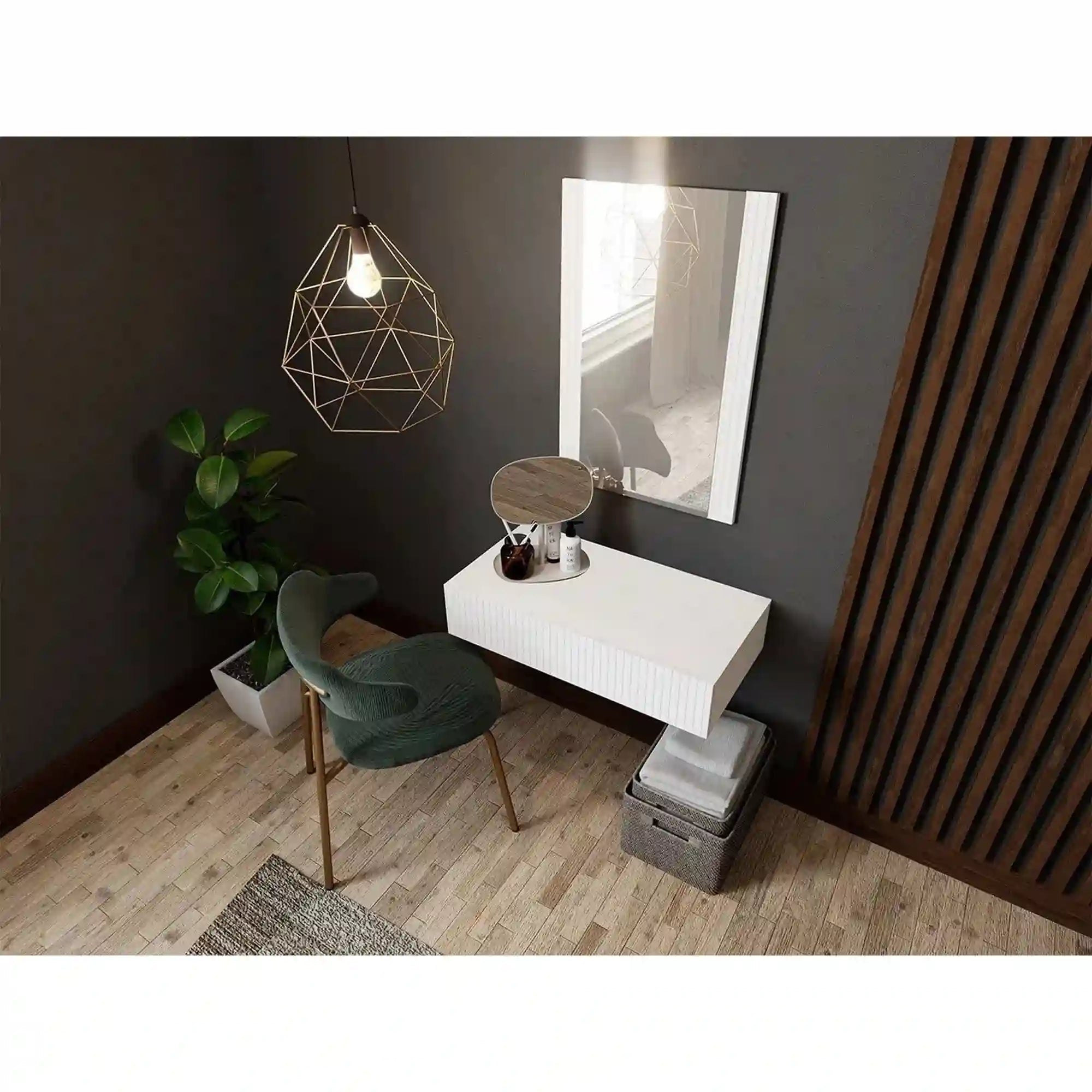 Masa de toaleta PAFOS, alb, PAL laminat, cu oglinda, 80x42x17 cm