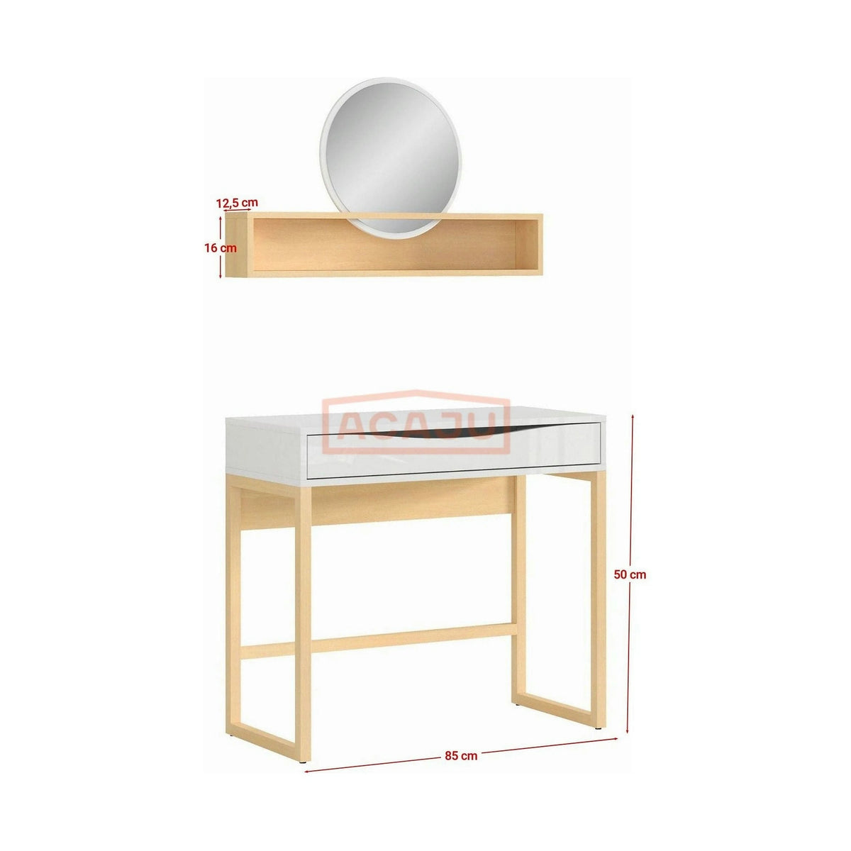 Masa de toaleta PORI, alb lucios/stejar nagaro, lemn/furnir de pin/PVC, cu oglinda, 85x40x78/93 cm