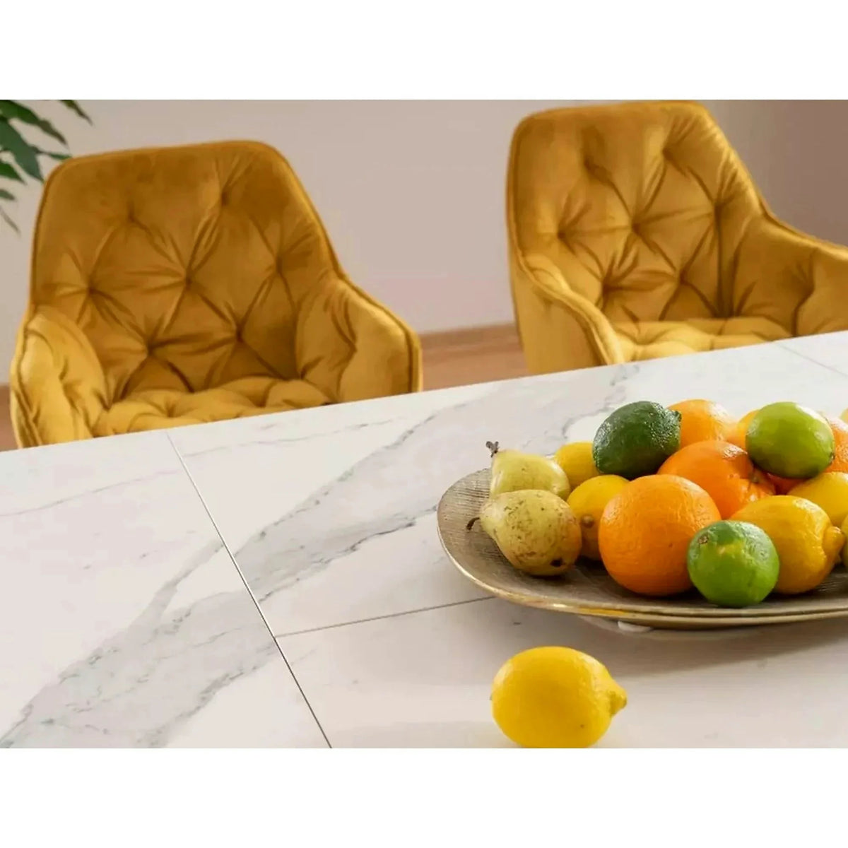 Masa dining 160 cm ARMANI, extensibila, alb cu efect de marmura/negru