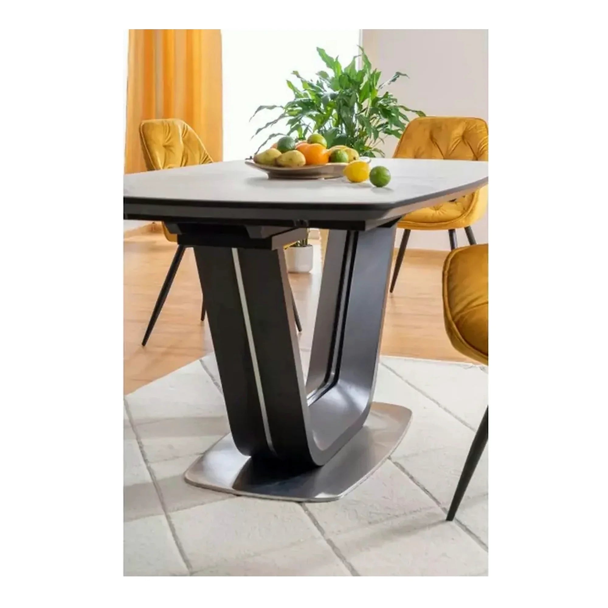 Masa dining 160 cm ARMANI, extensibila, alb cu efect de marmura/negru