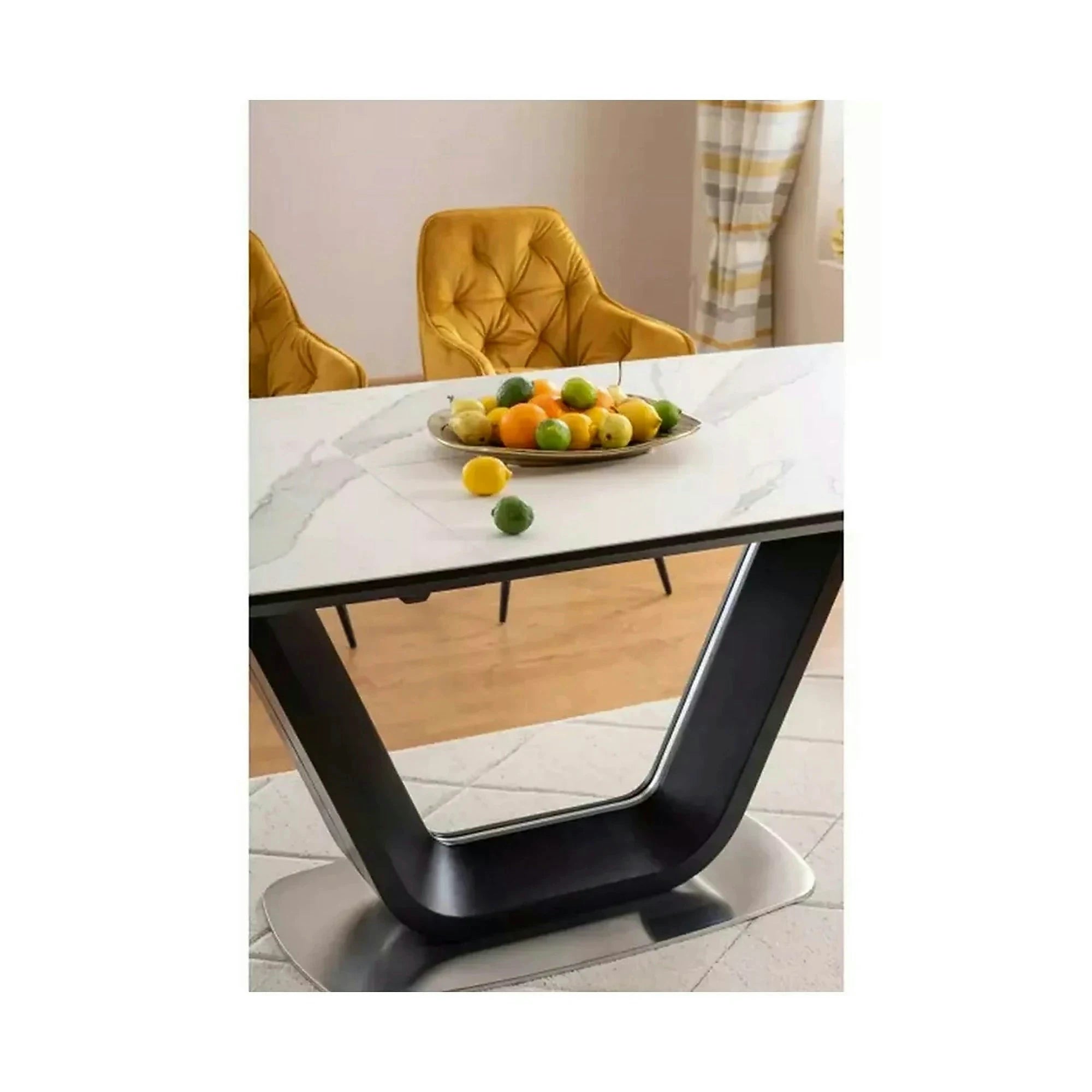 Masa dining 160 cm ARMANI, extensibila, alb cu efect de marmura/negru