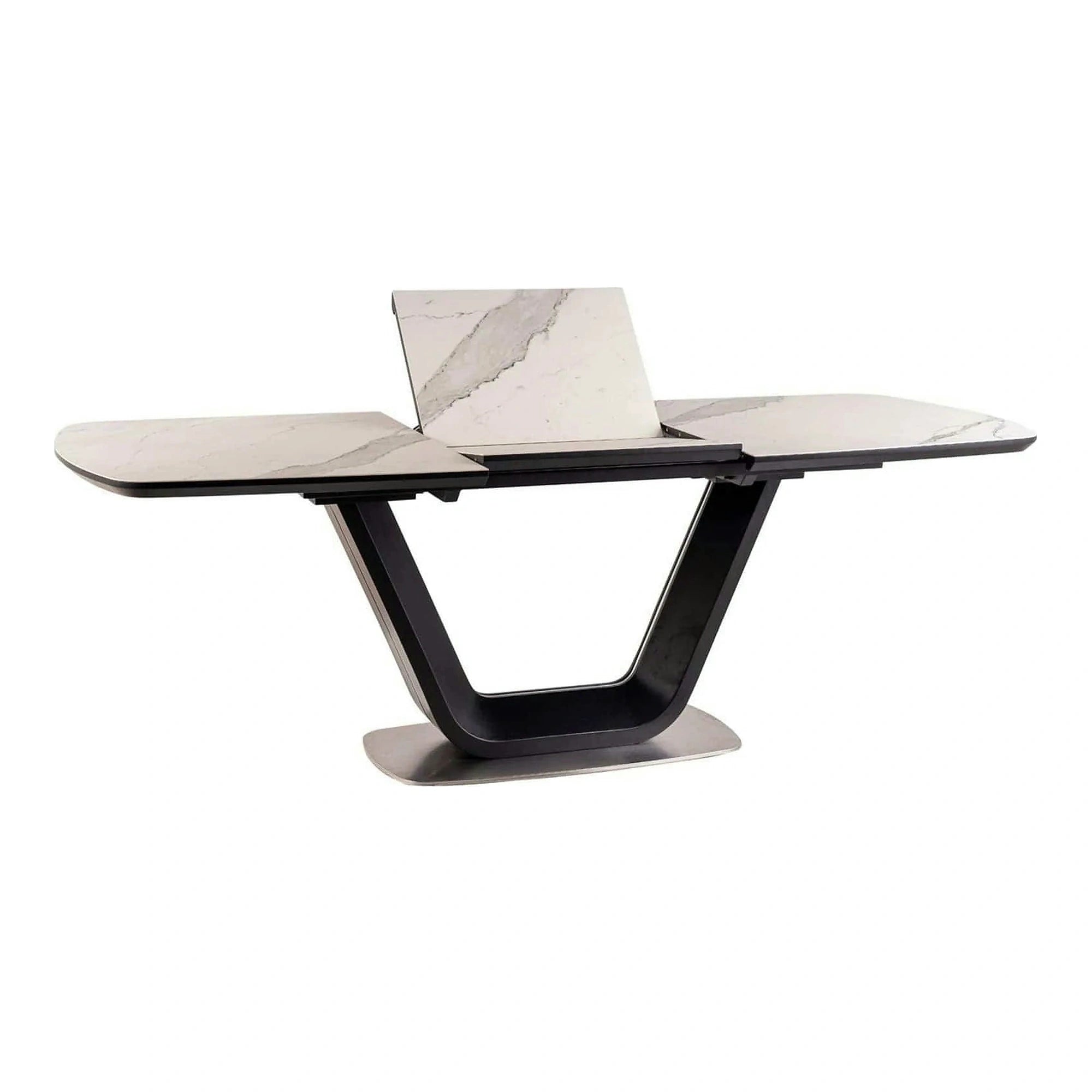 Masa dining 160 cm ARMANI, extensibila, alb cu efect de marmura/negru