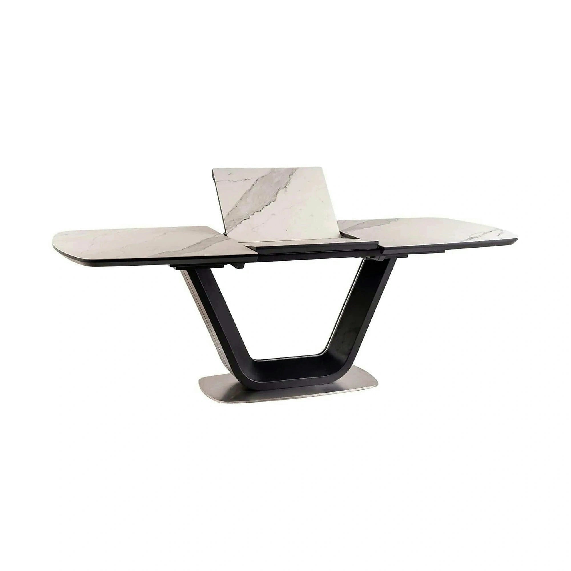 Masa dining 160 cm ARMANI, extensibila, alb cu efect de marmura/negru