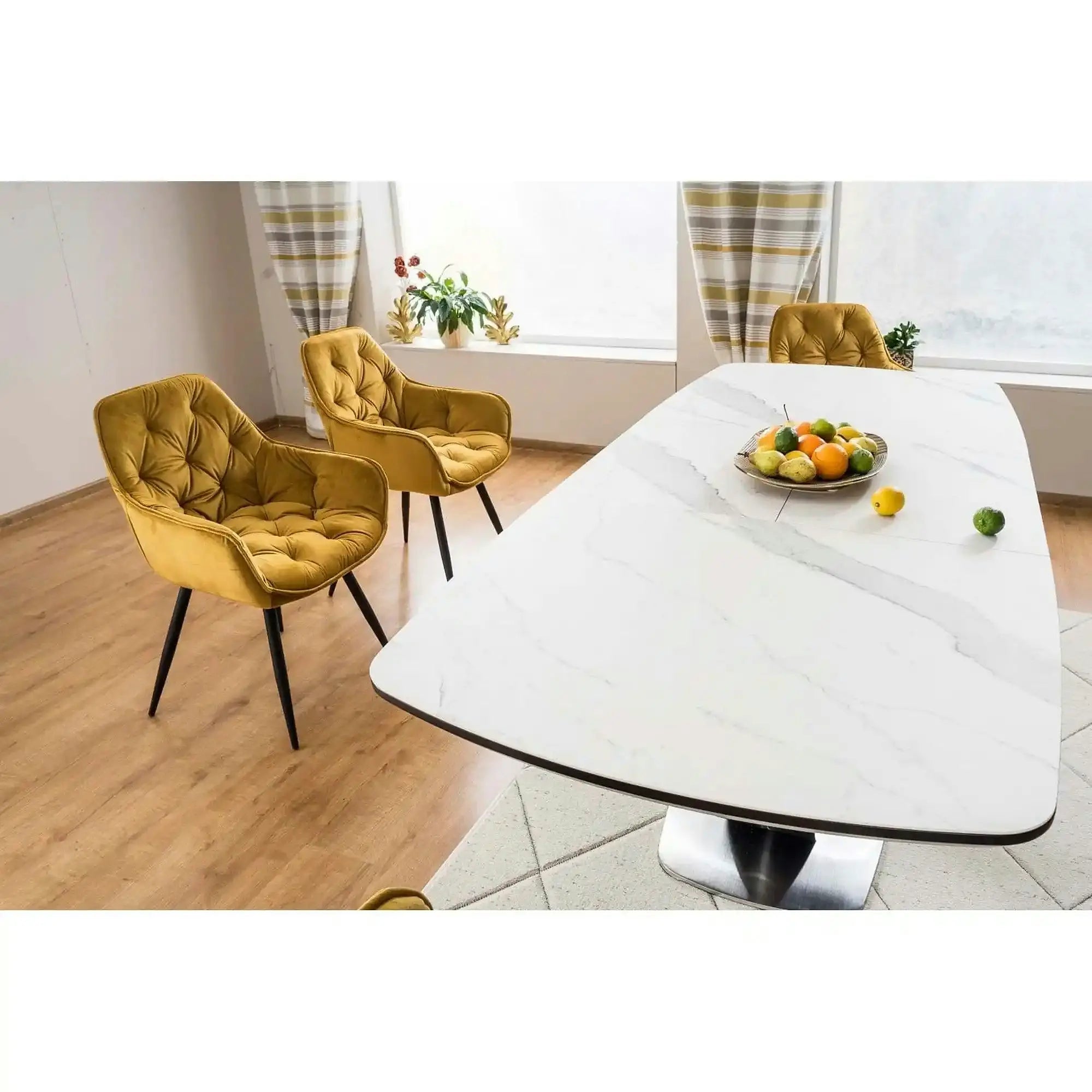 Masa dining 160 cm ARMANI, extensibila, alb cu efect de marmura/negru