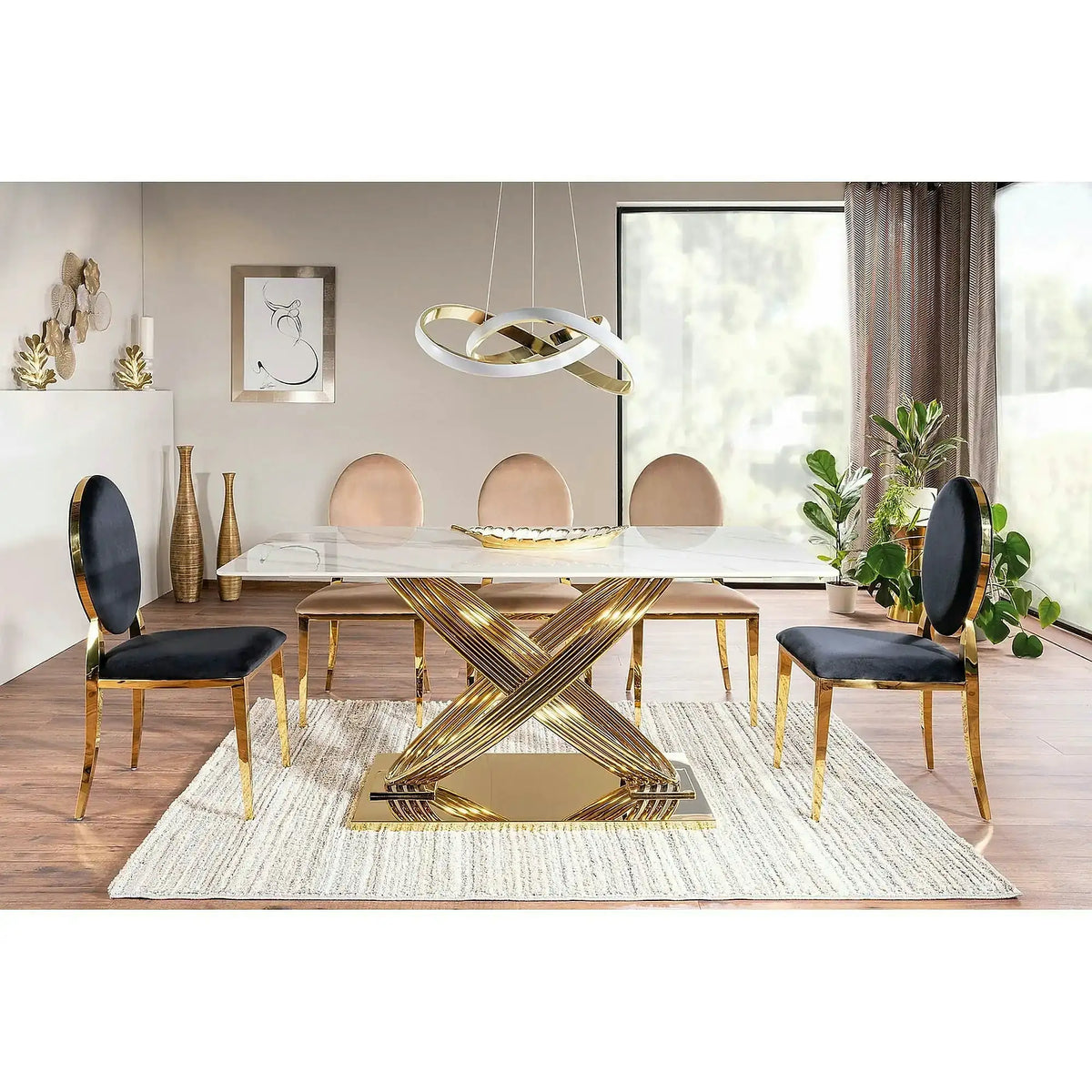 Masa dining 160 cm HERMES, alb cu efect de marmura/auriu, ceramica/metal, 160x90x75 cm