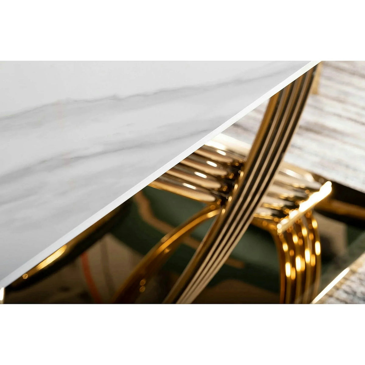 Masa dining 160 cm HERMES, alb cu efect de marmura/auriu, ceramica/metal, 160x90x75 cm
