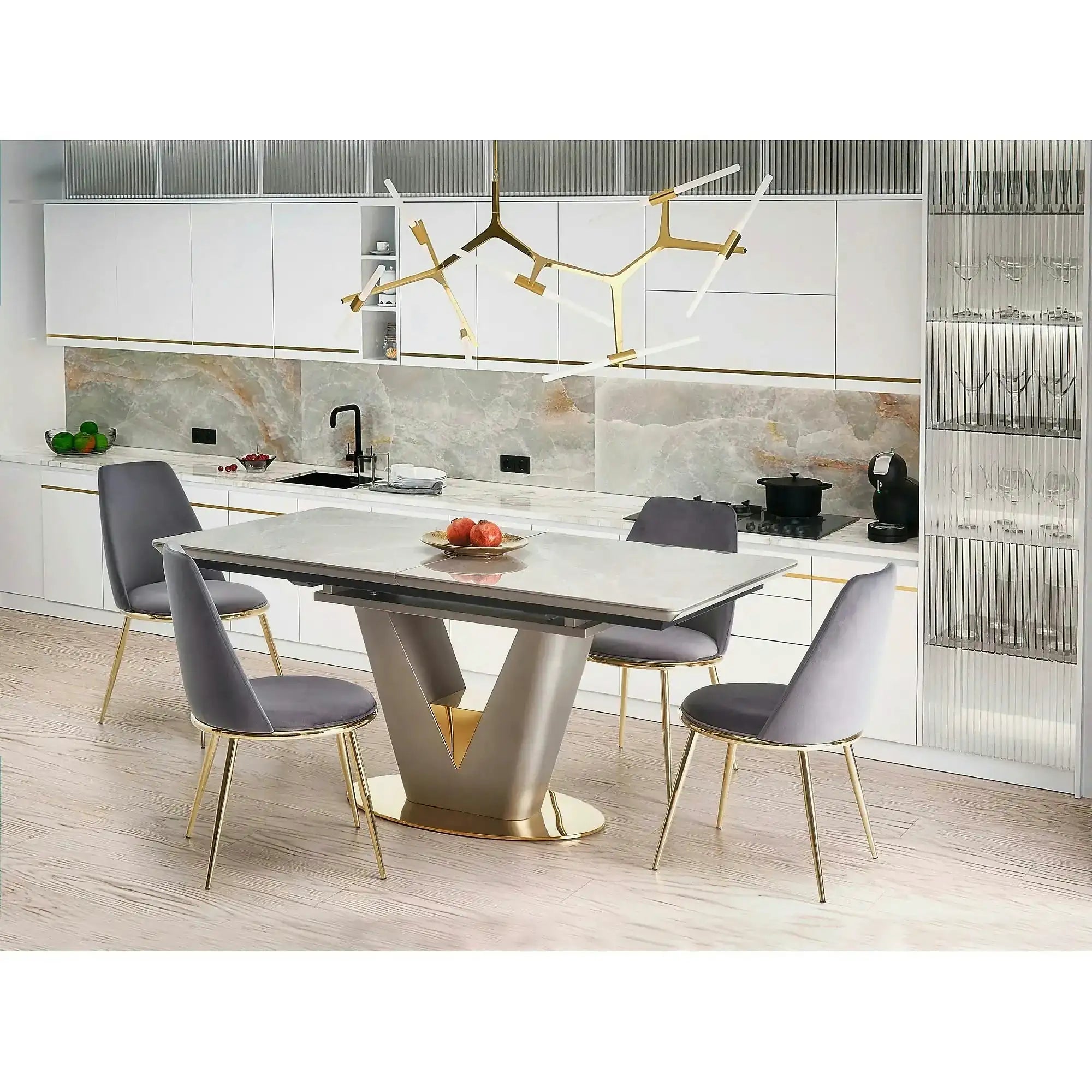 Masa dining 8 persoane VALENTINO, gri/auriu, ceramica/otel, 160/220x90x76 cm