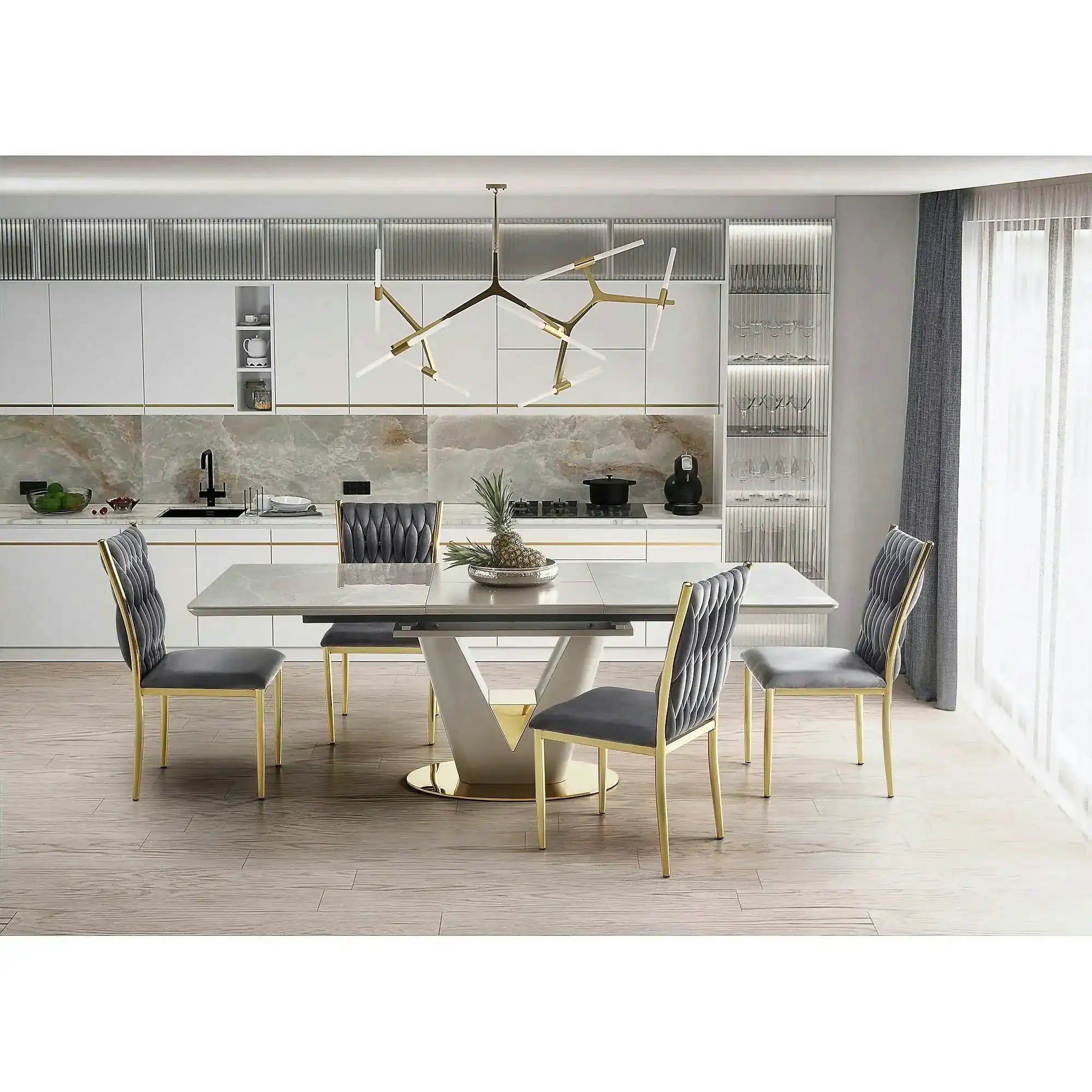 Masa dining 8 persoane VALENTINO, gri/auriu, ceramica/otel, 160/220x90x76 cm