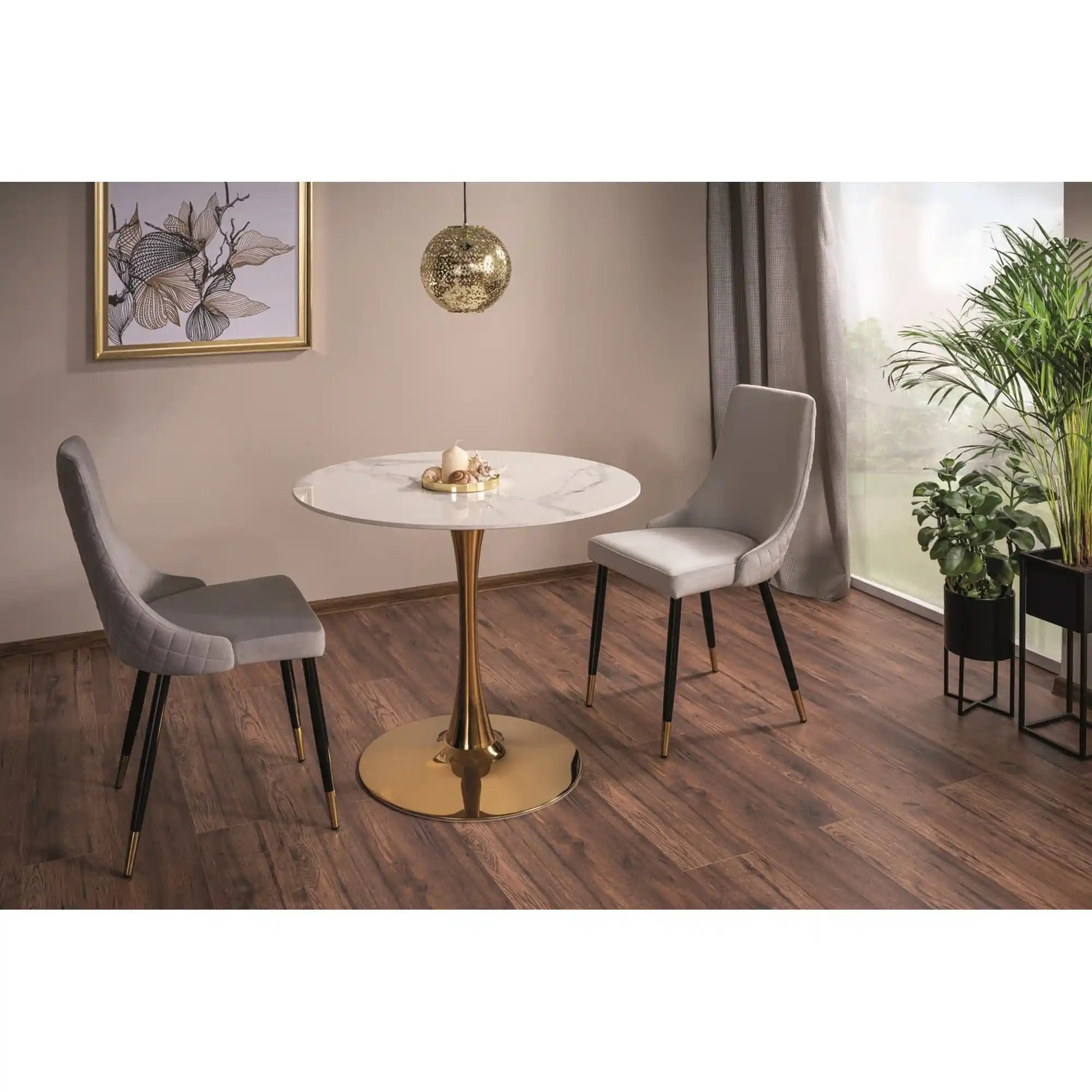 Masa ESPERO, alb cu efect de marmura/auriu, ceramica/metal, 90x90x75 cm