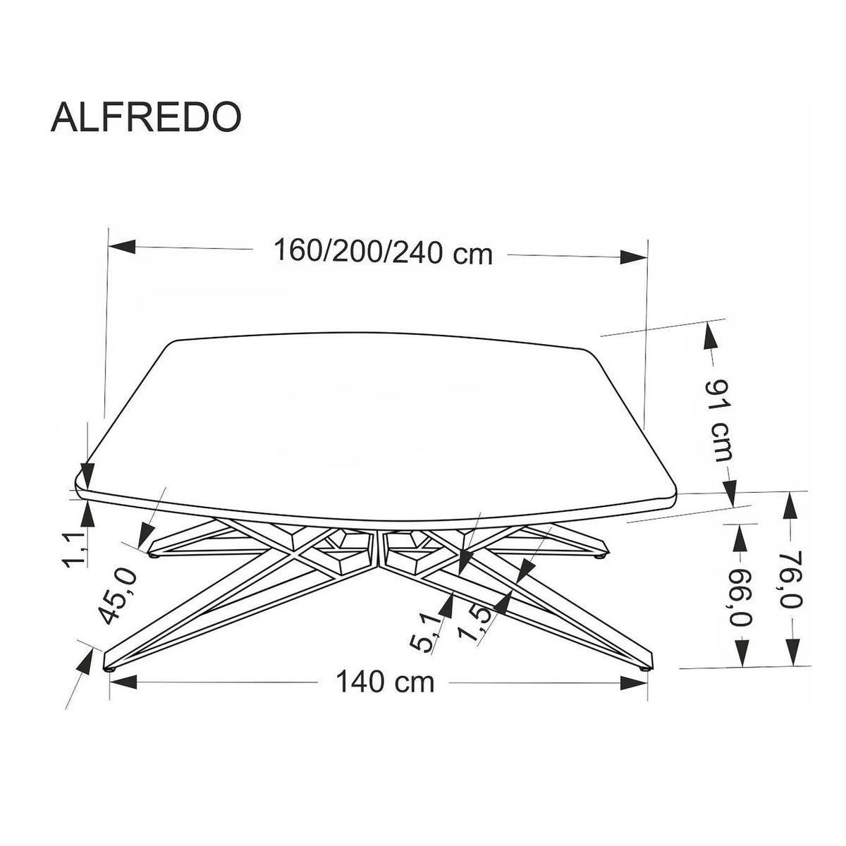 Masa extensibila ALFREDO, alb cu efect de marmura/negru, piatra sinterizata/otel, 160-240x91x76 cm