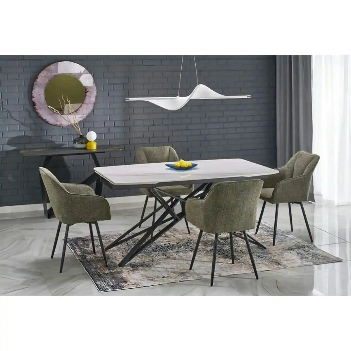 Masa extensibila ALFREDO, alb cu efect de marmura/negru, piatra sinterizata/otel, 160-240x91x76 cm