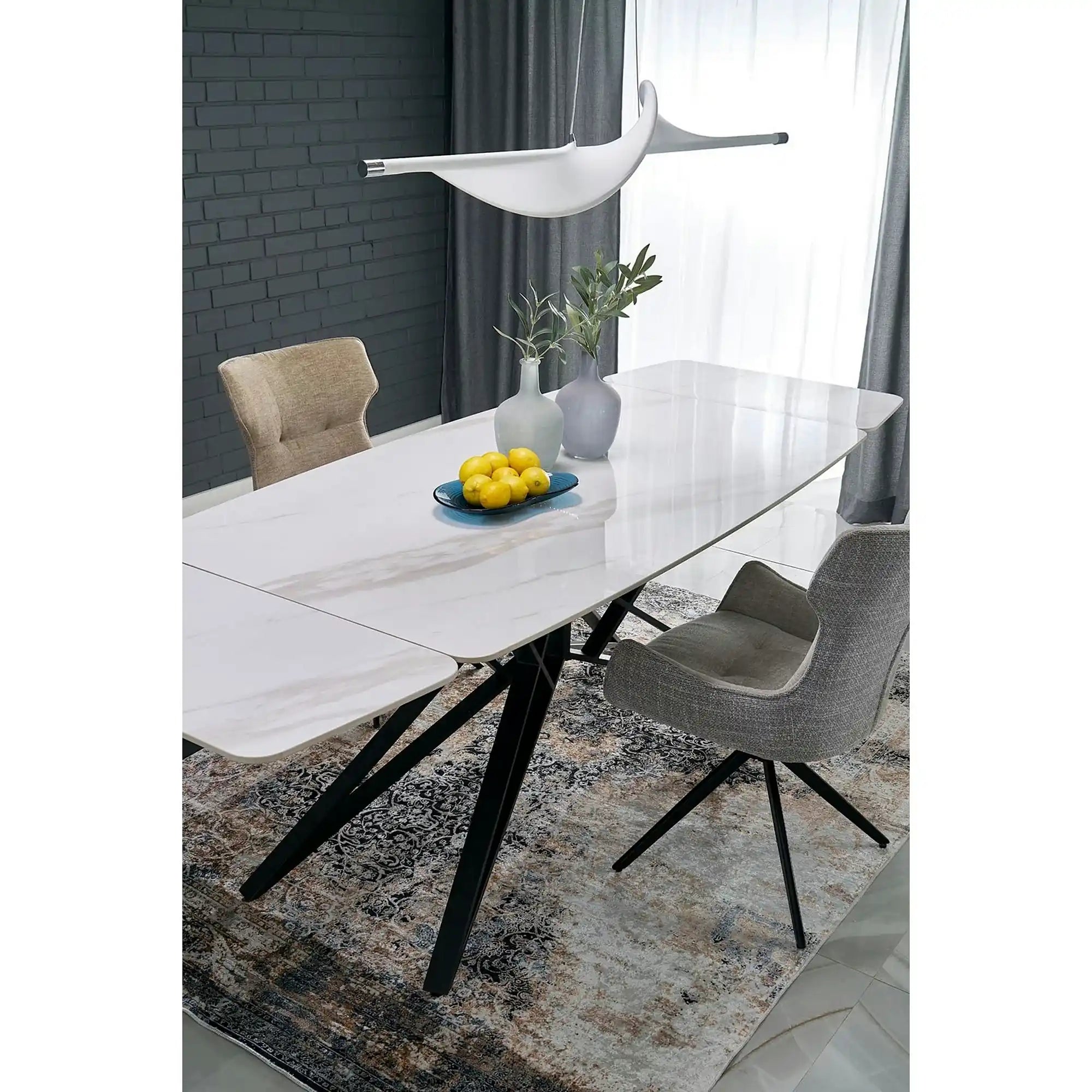 Masa extensibila ALFREDO, alb cu efect de marmura/negru, piatra sinterizata/otel, 160-240x91x76 cm