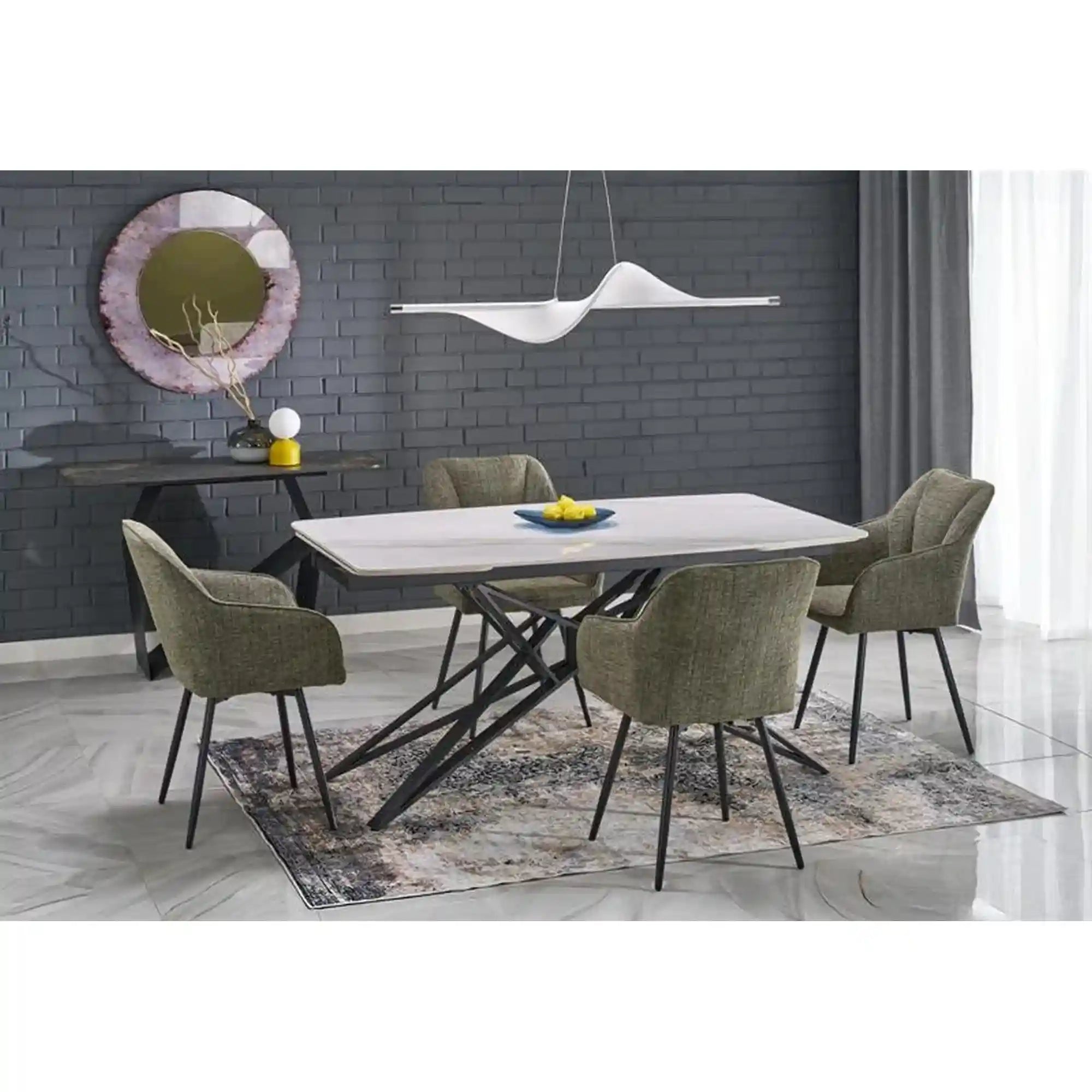 Masa extensibila ALFREDO, alb cu efect de marmura/negru, piatra sinterizata/otel, 160-240x91x76 cm