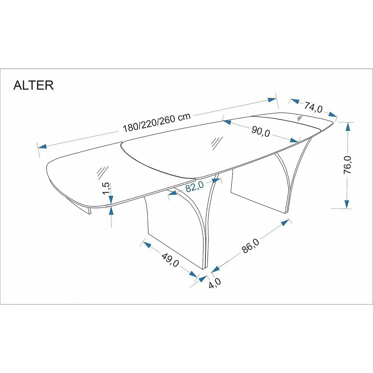 Masa extensibila ALTER, bej/negru, ceramica/sticla/metal, 180/260x90x74 cm