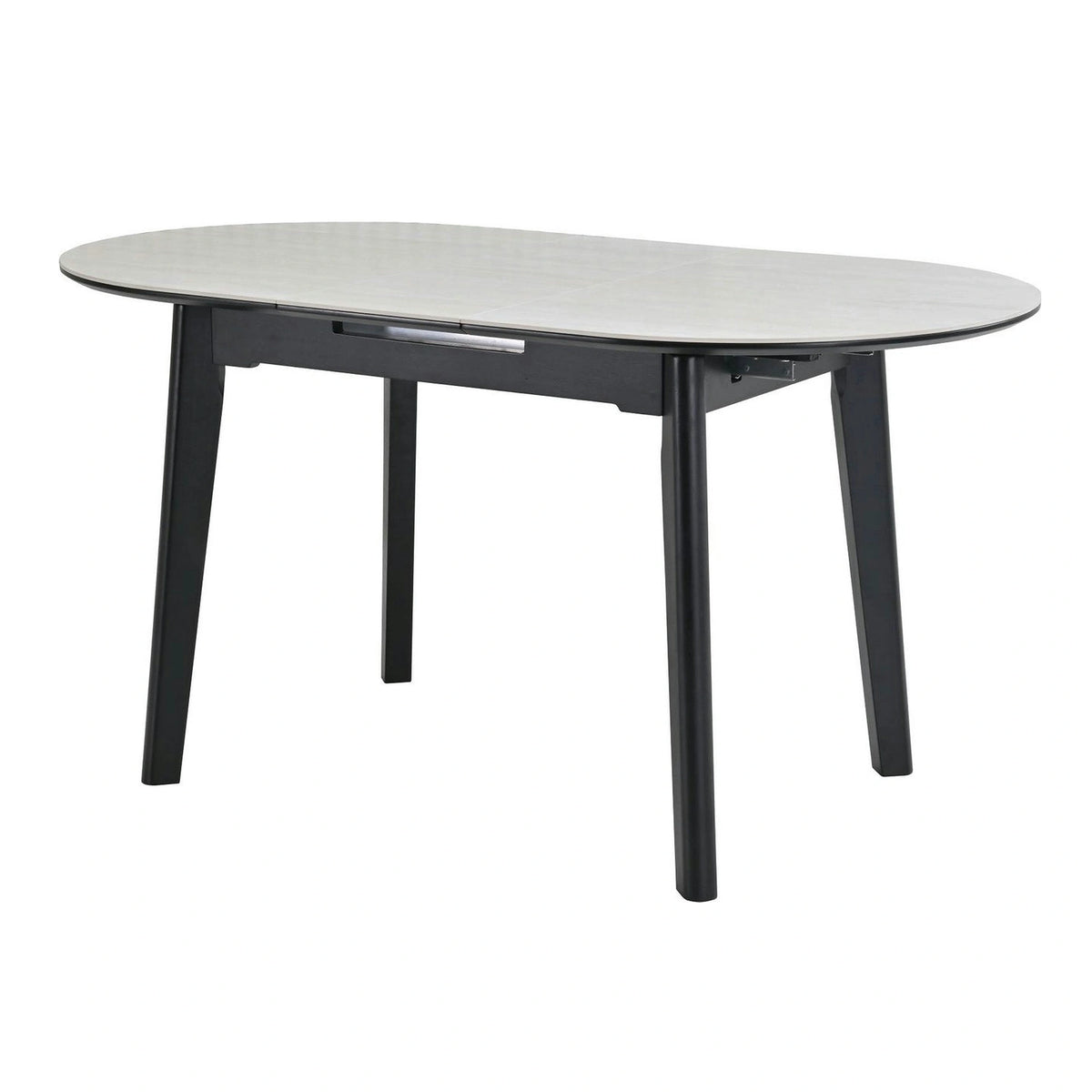 Masa extensibila ARES, bej cu efect de piatra travertin/negru, ceramica/metal, 120/150x85x76 cm