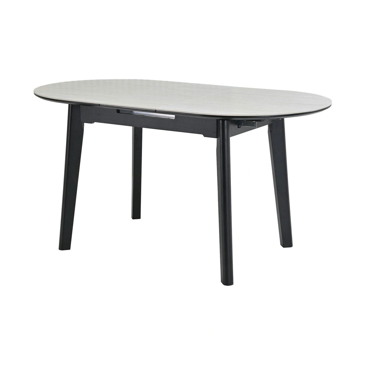Masa extensibila ARES, bej cu efect de piatra travertin/negru, ceramica/metal, 120/150x85x76 cm
