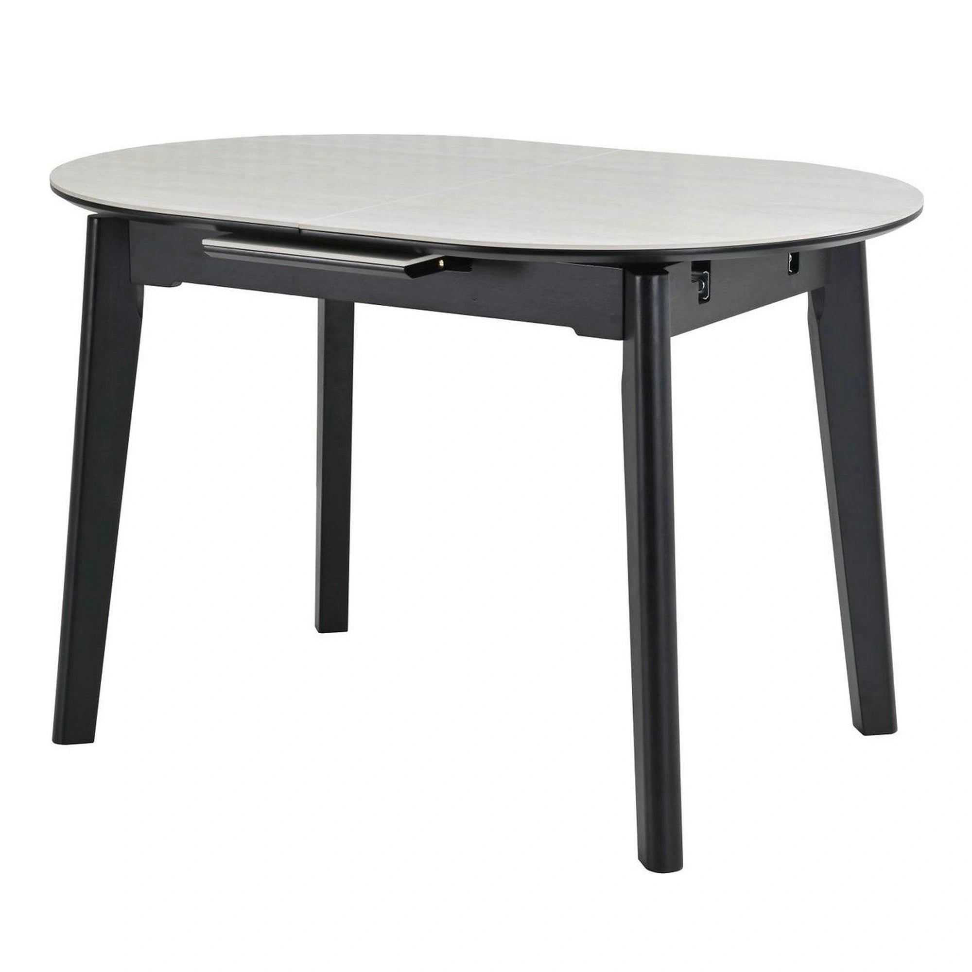 Masa extensibila ARES, bej cu efect de piatra travertin/negru, ceramica/metal, 120/150x85x76 cm