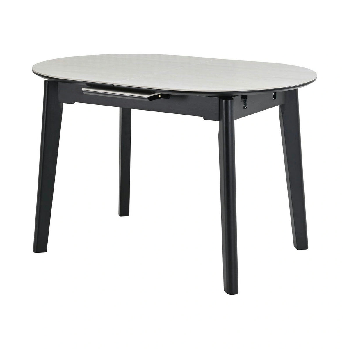 Masa extensibila ARES, bej cu efect de piatra travertin/negru, ceramica/metal, 120/150x85x76 cm