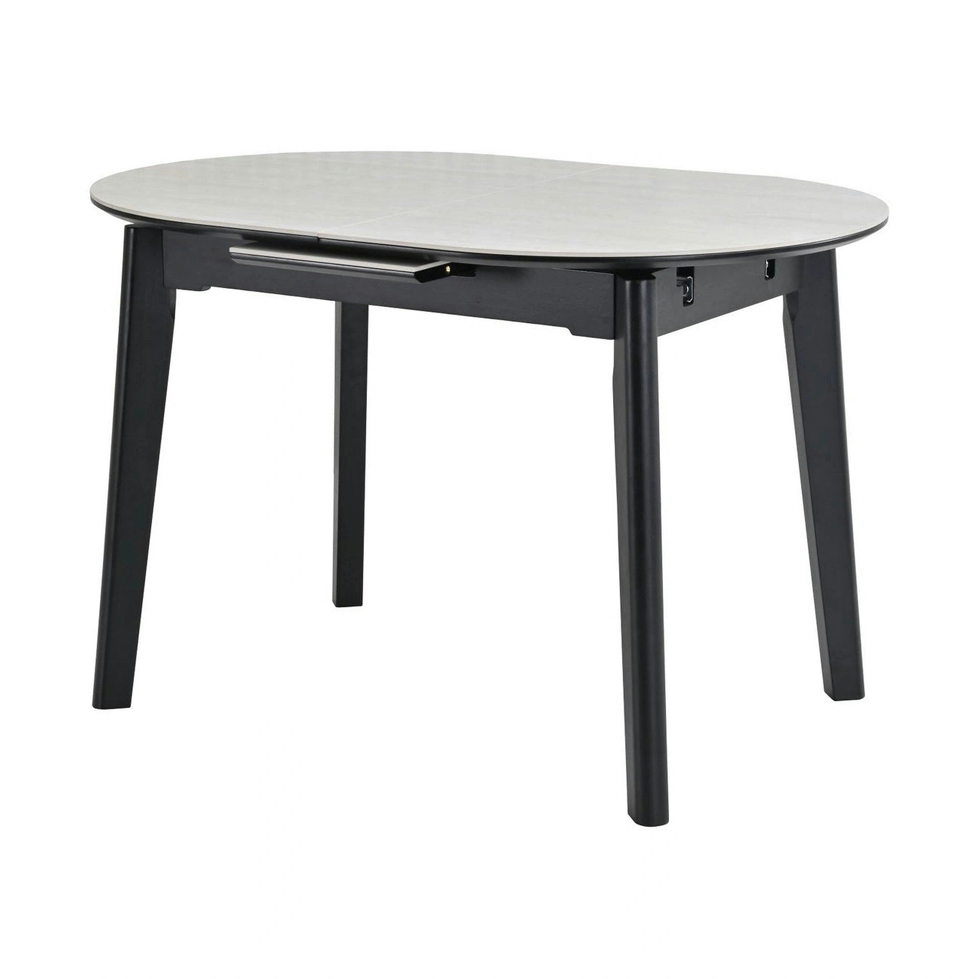 Masa extensibila ARES, bej cu efect de piatra travertin/negru, ceramica/metal, 120/150x85x76 cm