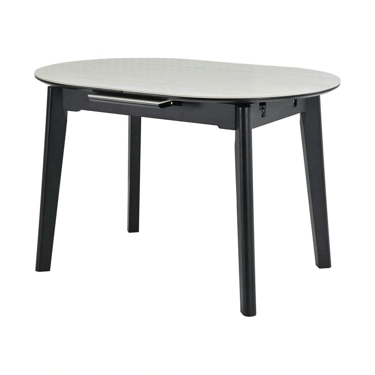 Masa extensibila ARES, bej cu efect de piatra travertin/negru, ceramica/metal, 120/150x85x76 cm