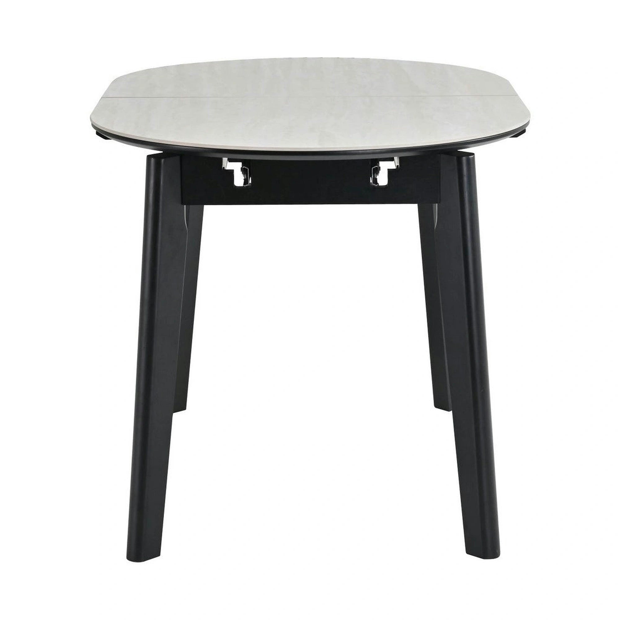Masa extensibila ARES, bej cu efect de piatra travertin/negru, ceramica/metal, 120/150x85x76 cm