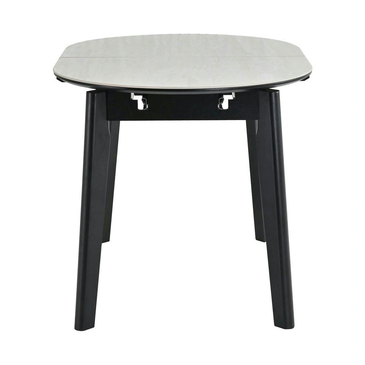 Masa extensibila ARES, bej cu efect de piatra travertin/negru, ceramica/metal, 120/150x85x76 cm