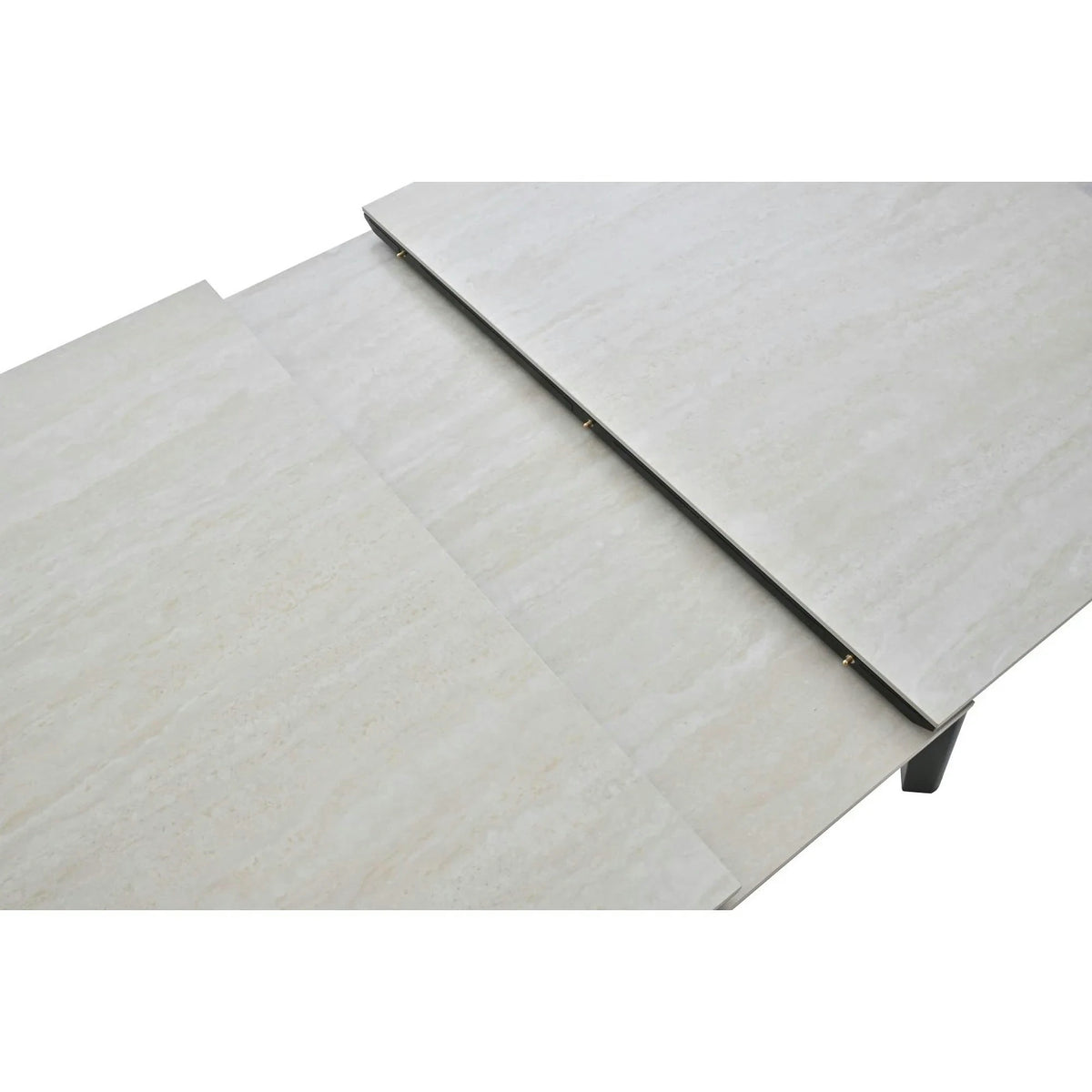 Masa extensibila ARES, bej cu efect de piatra travertin/negru, ceramica/metal, 120/150x85x76 cm