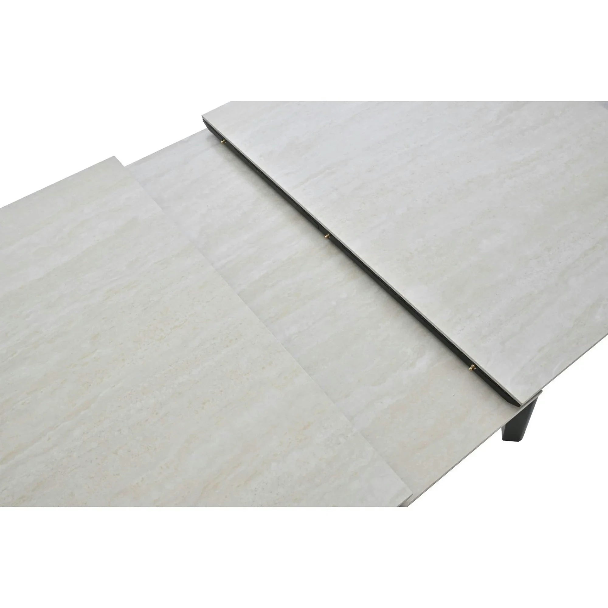 Masa extensibila ARES, bej cu efect de piatra travertin/negru, ceramica/metal, 120/150x85x76 cm