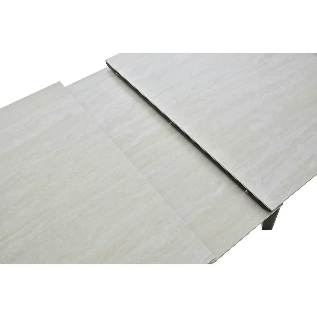 Masa extensibila ARES, bej cu efect de piatra travertin/negru, ceramica/metal, 120/150x85x76 cm