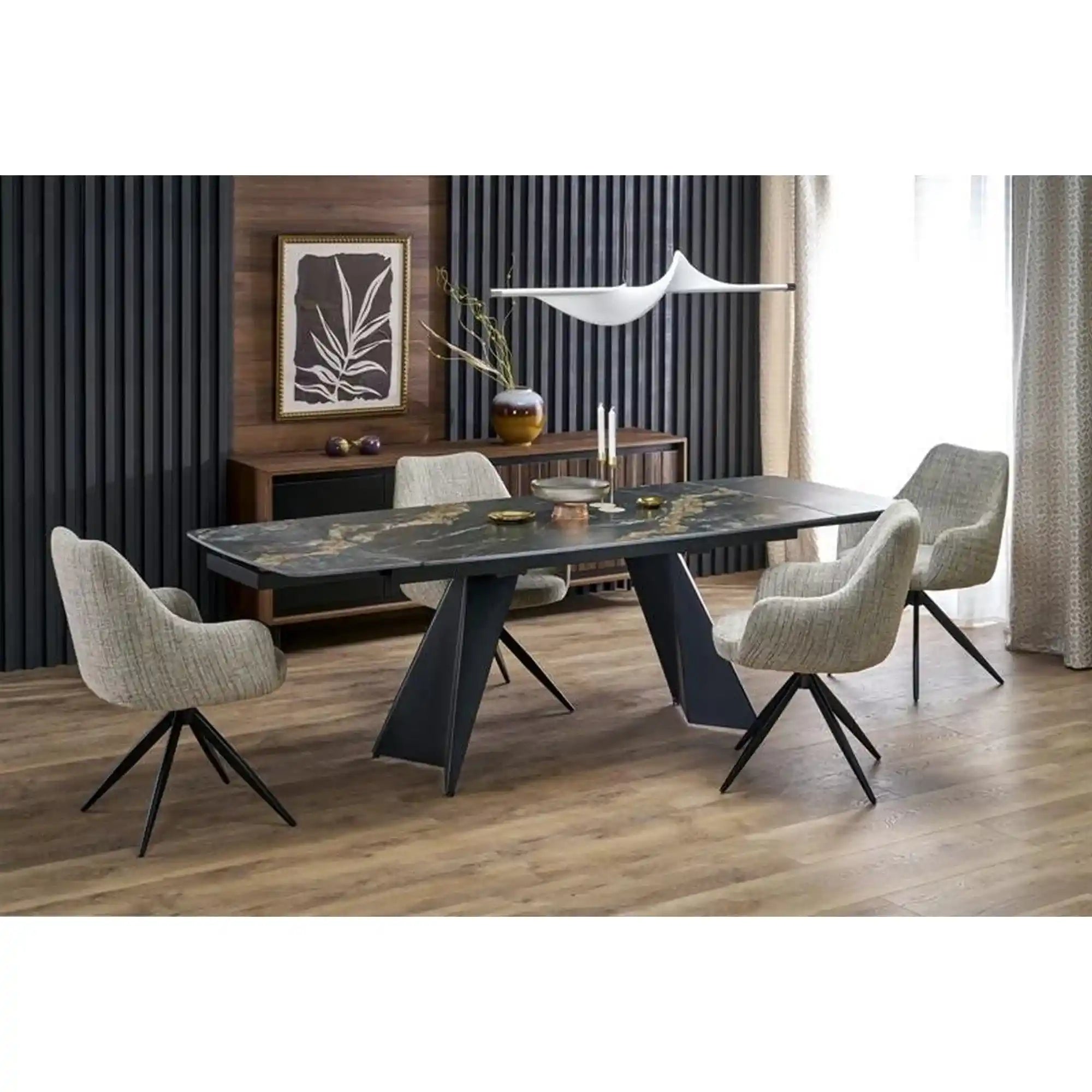 Masa extensibila ARMANI, negru cu efect de marmura/negru, piatra sinterizata/otel, 165-241x90x77 cm