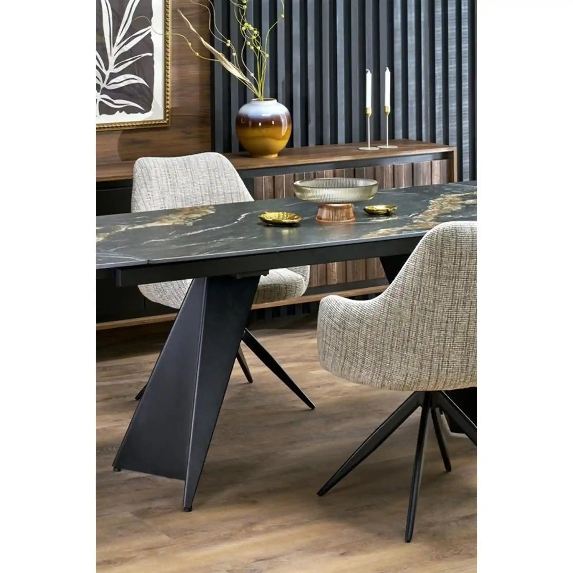 Masa extensibila ARMANI, negru cu efect de marmura/negru, piatra sinterizata/otel, 165-241x90x77 cm