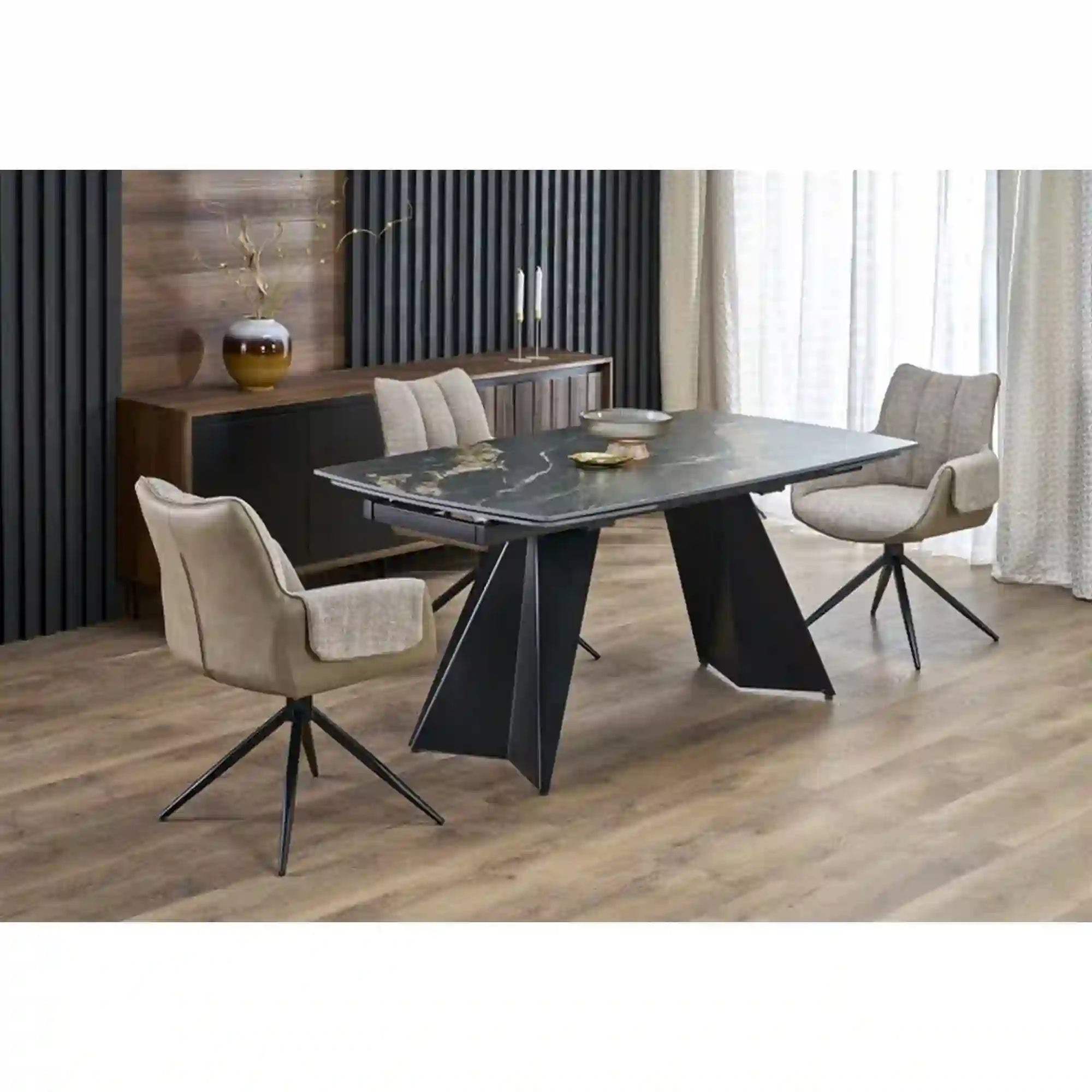 Masa extensibila ARMANI, negru cu efect de marmura/negru, piatra sinterizata/otel, 165-241x90x77 cm