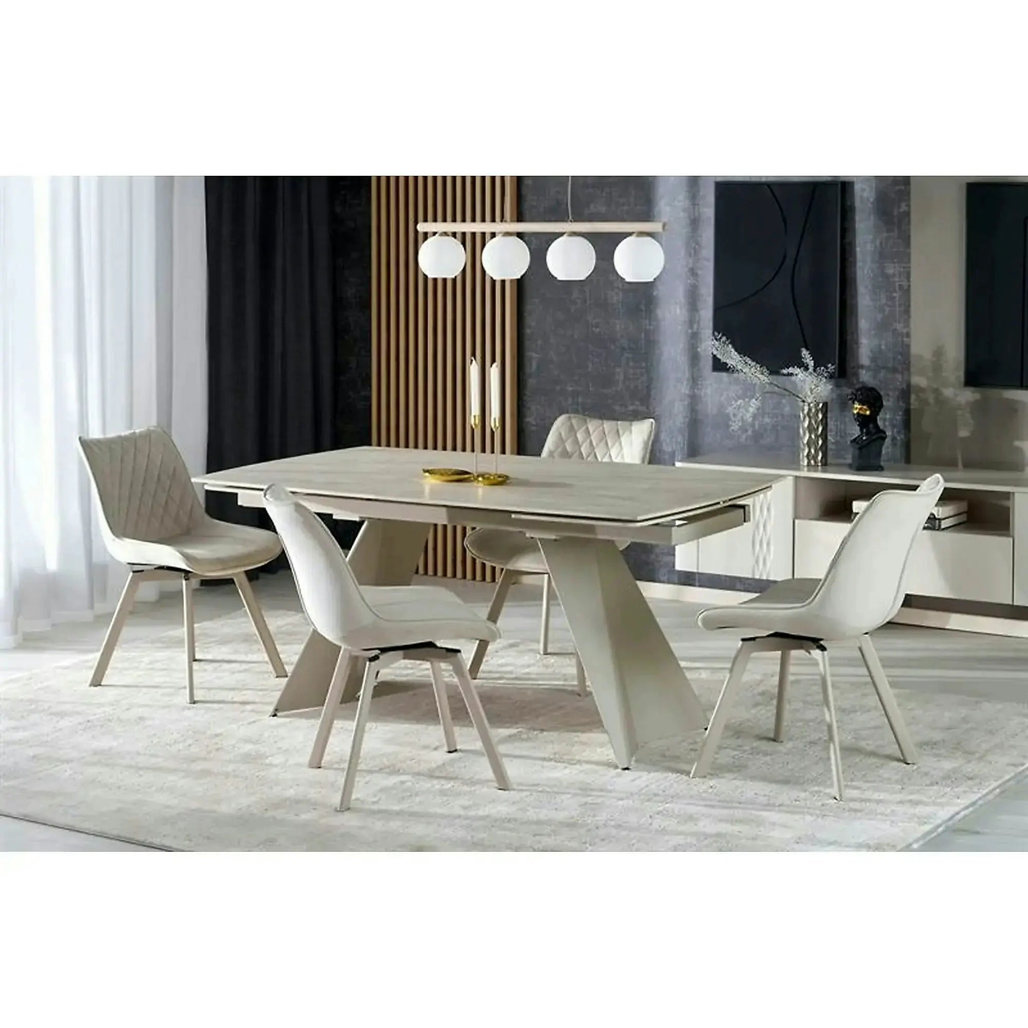 Masa extensibila ARMANI, travertin cu efect de marmura/casmir, piatra sinterizata/otel, 165-241x90x77 cm