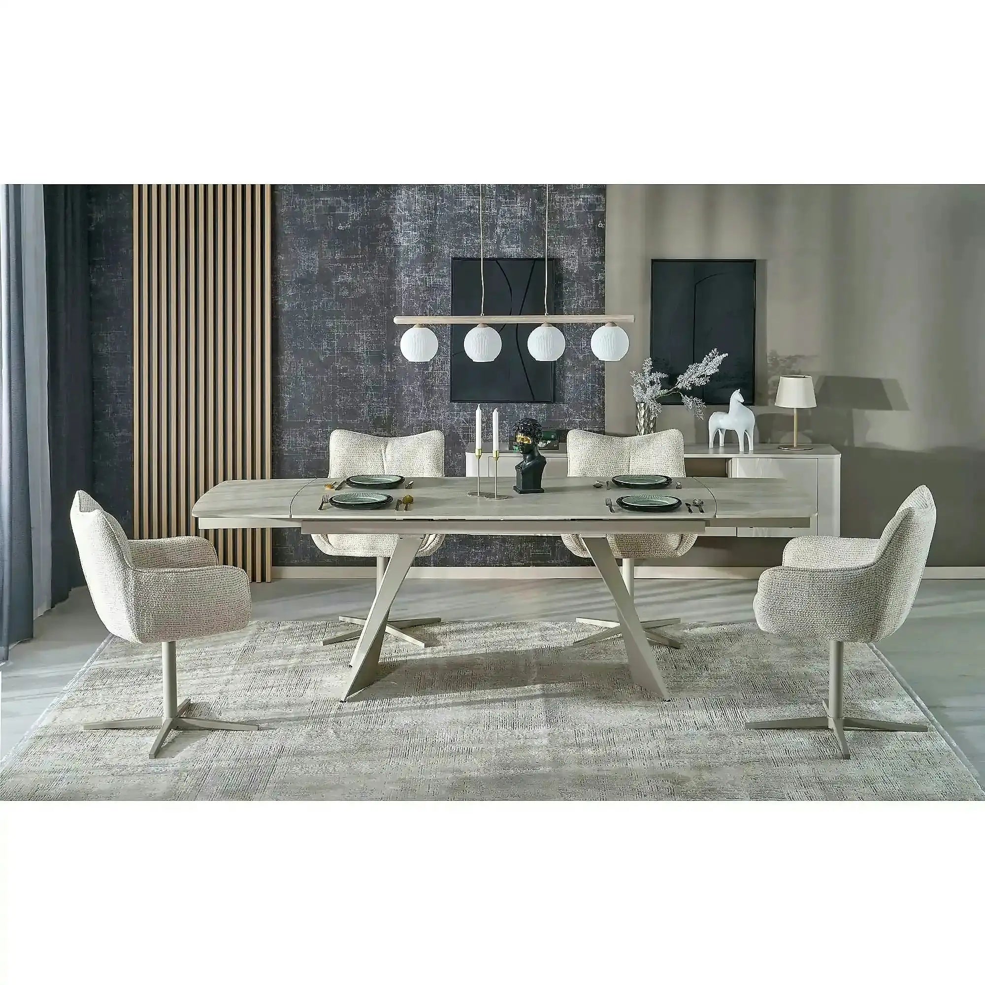 Masa extensibila ARMANI, travertin cu efect de marmura/casmir, piatra sinterizata/otel, 165-241x90x77 cm