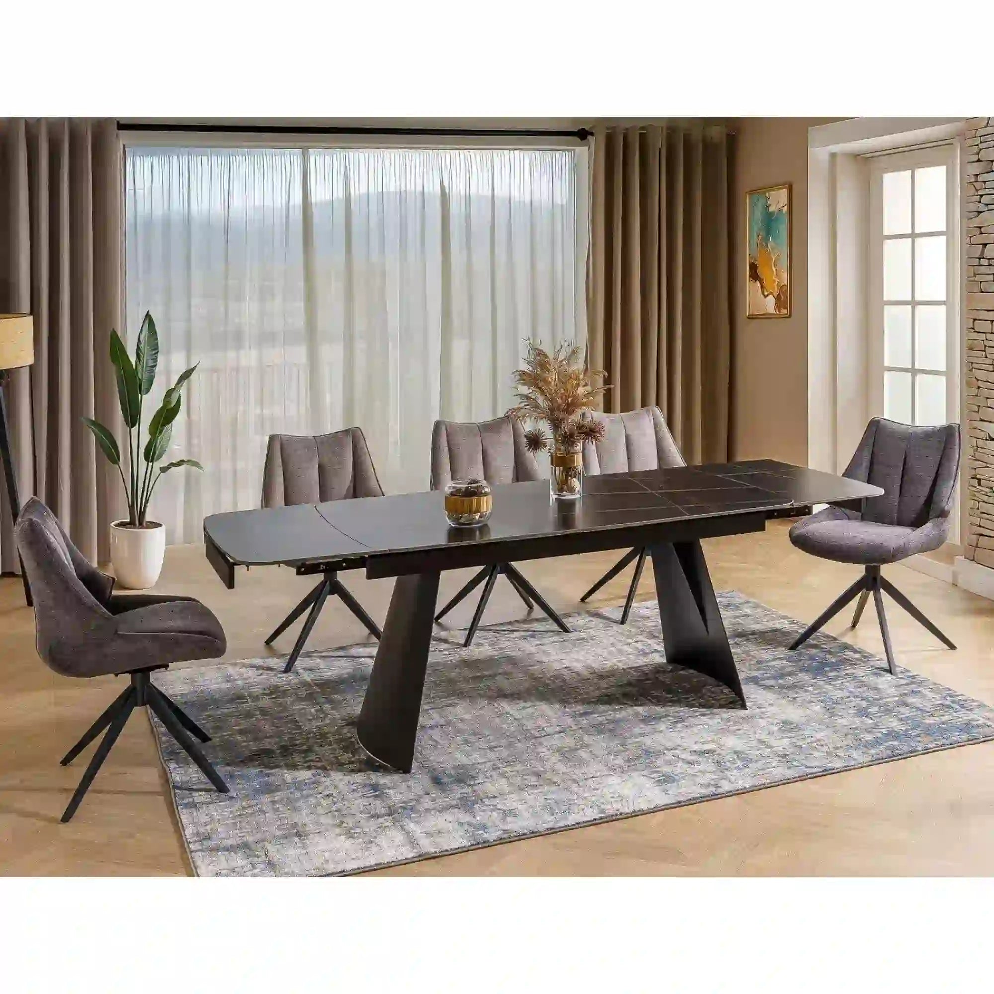 Masa extensibila BACARDI, negru mat cu efect de marmura, ceramica/metal, 160/240x90x76 cm