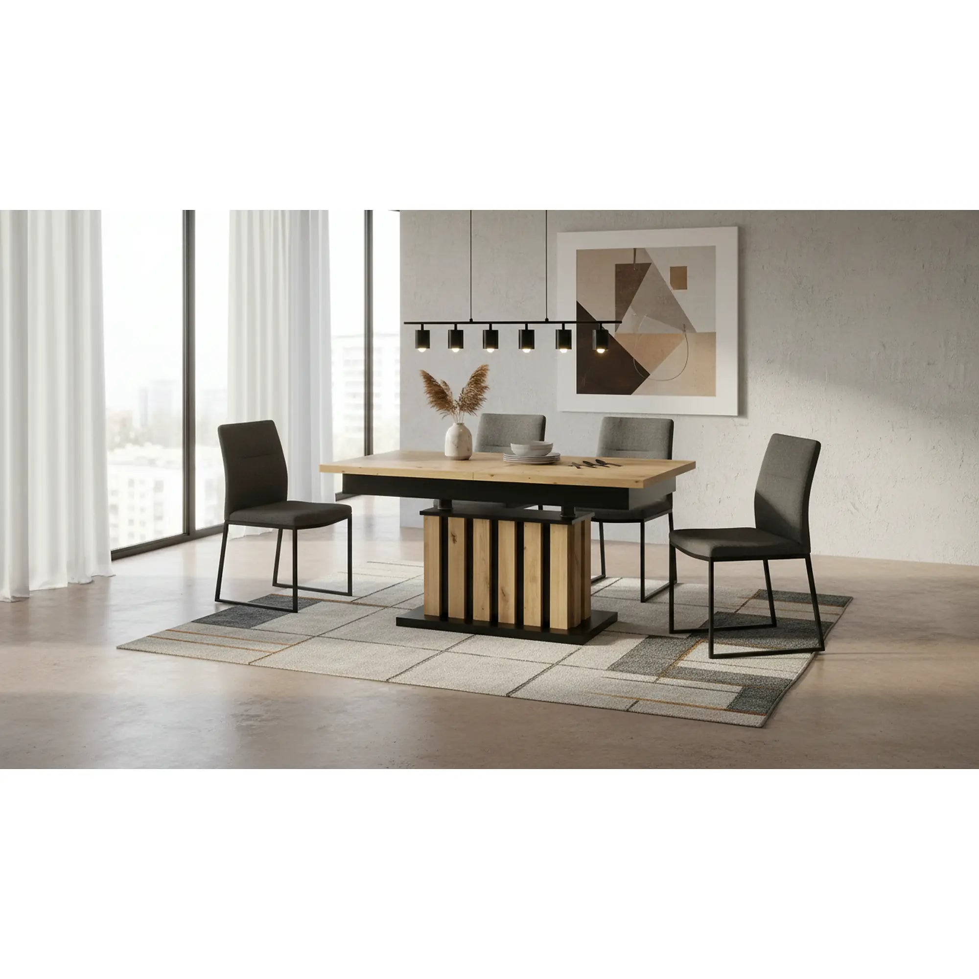 Masa extensibila BARETTI, stejar artisan/negru, PAL furniruit, 130/170x65x65/82 cm
