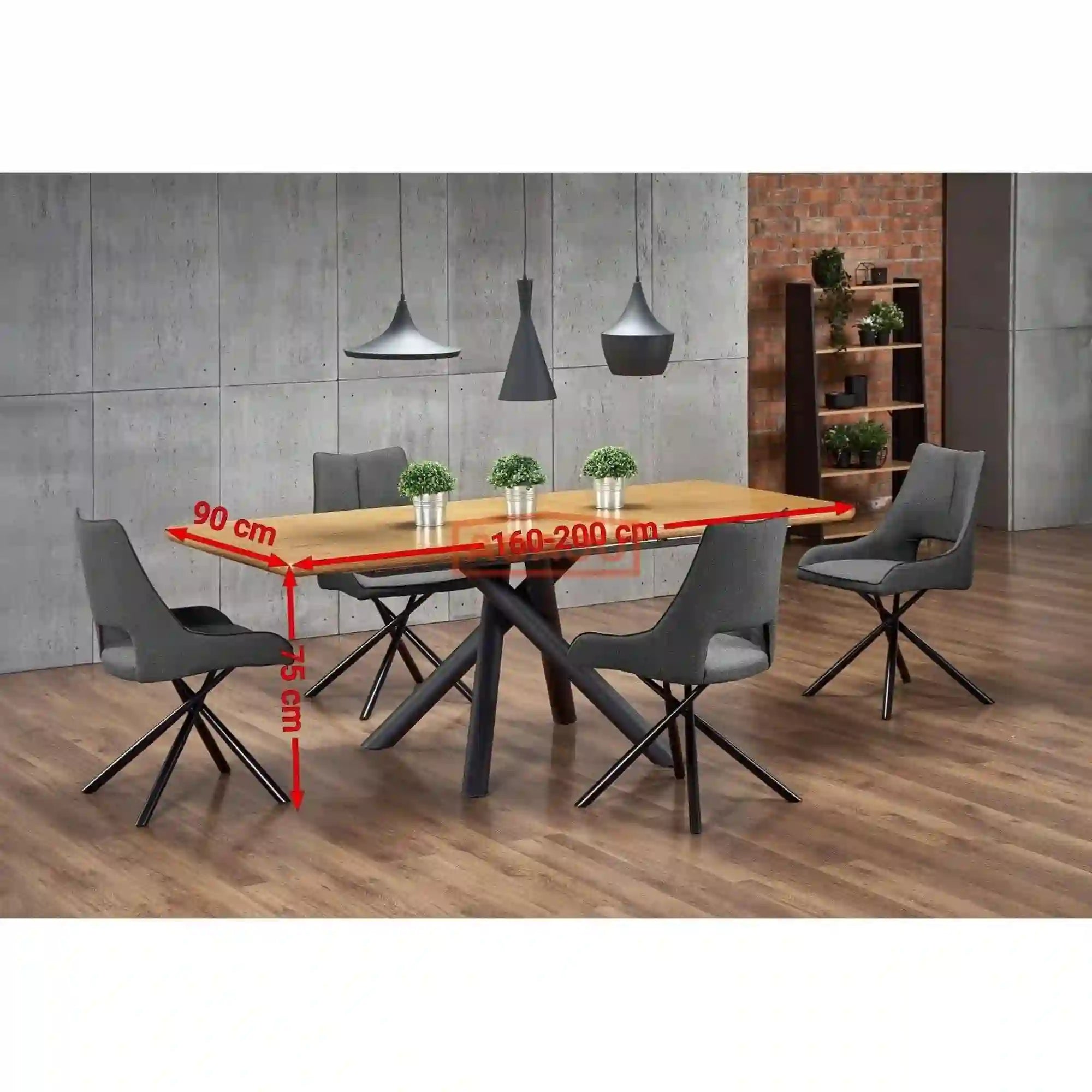 Masa extensibila DERRICK, stejar natural/negru, 160/200x90x75 cm