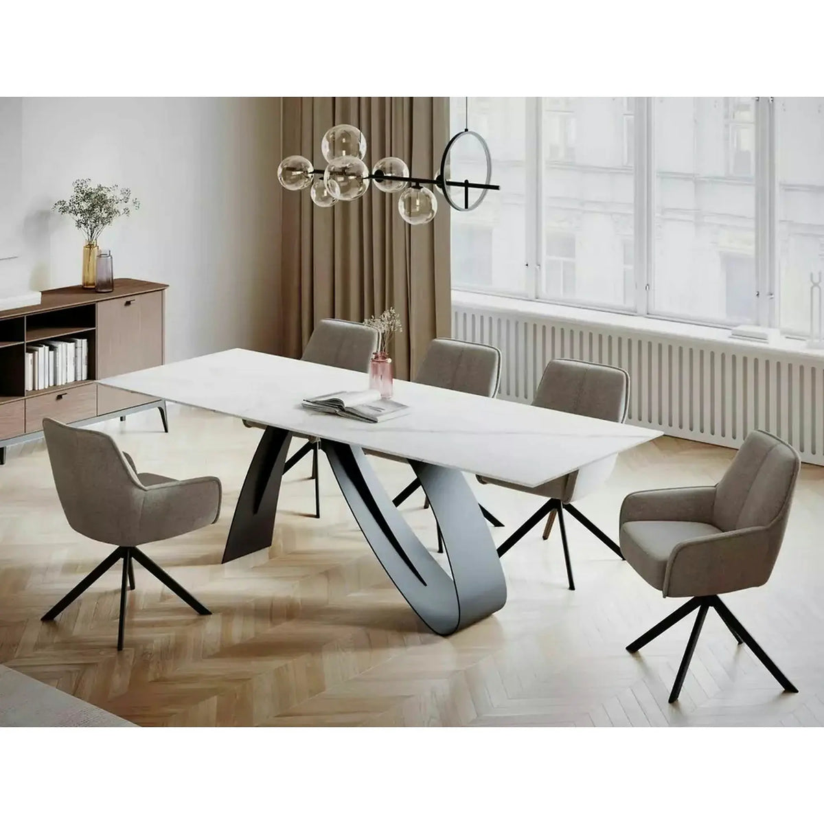 Masa extensibila DIUNA, alb/negru, sticla securizata/ceramica/metal, 160/240x90x77 cm