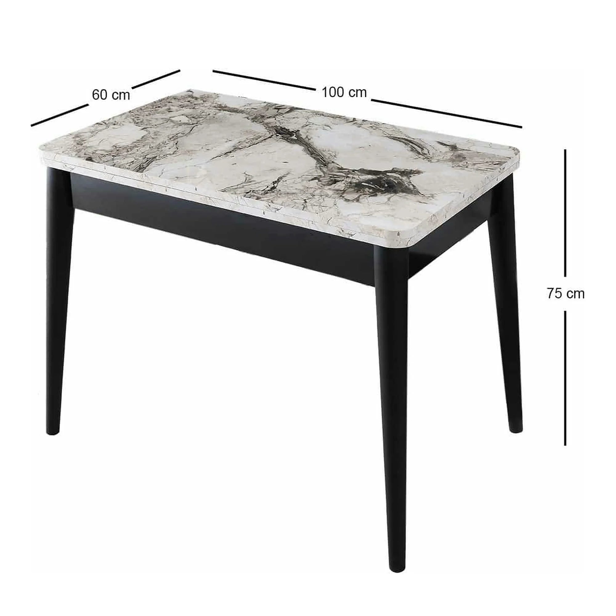 Masa extensibila DOLUNAY 1281, alb cu efect de marmura, PAL melaminat/metal, 100/120x60/100x75 cm