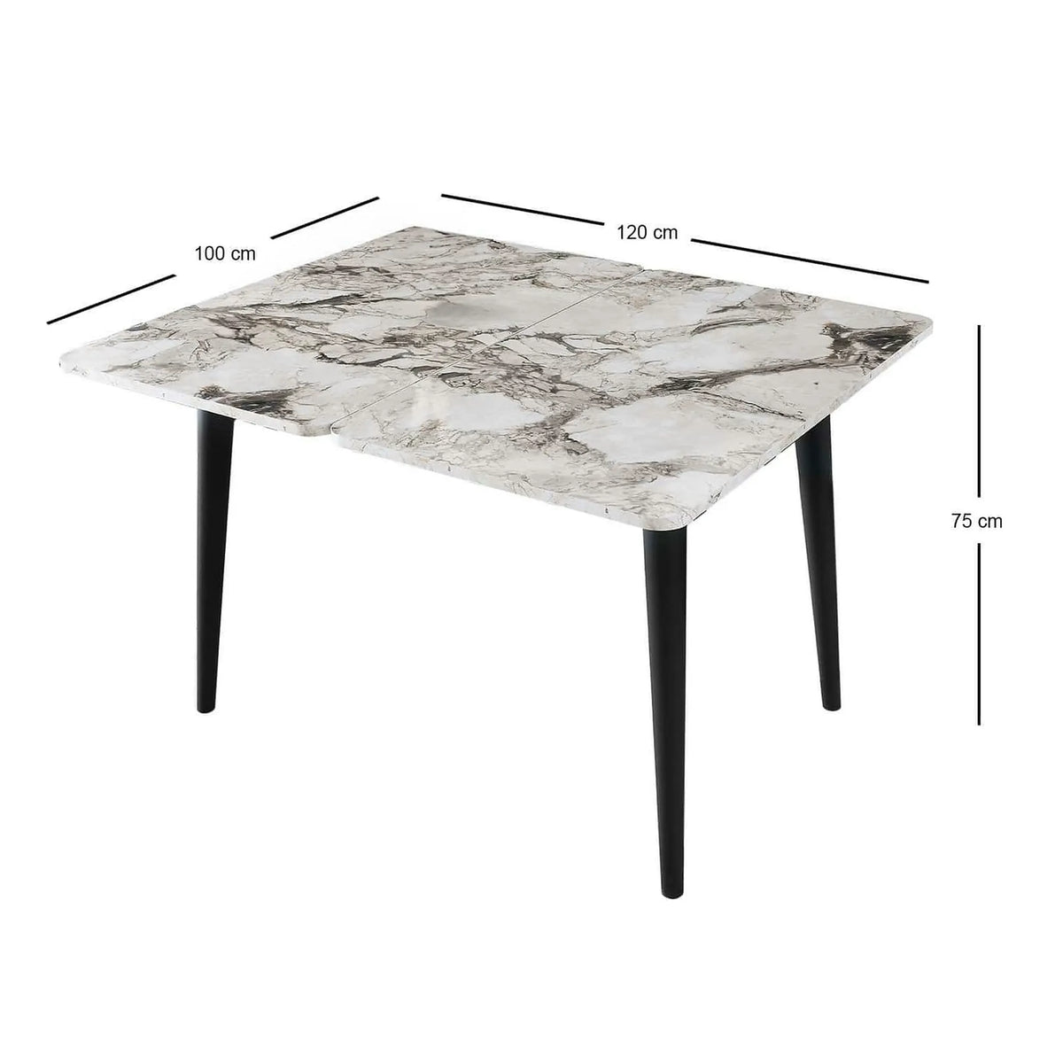 Masa extensibila DOLUNAY 1281, alb cu efect de marmura, PAL melaminat/metal, 100/120x60/100x75 cm