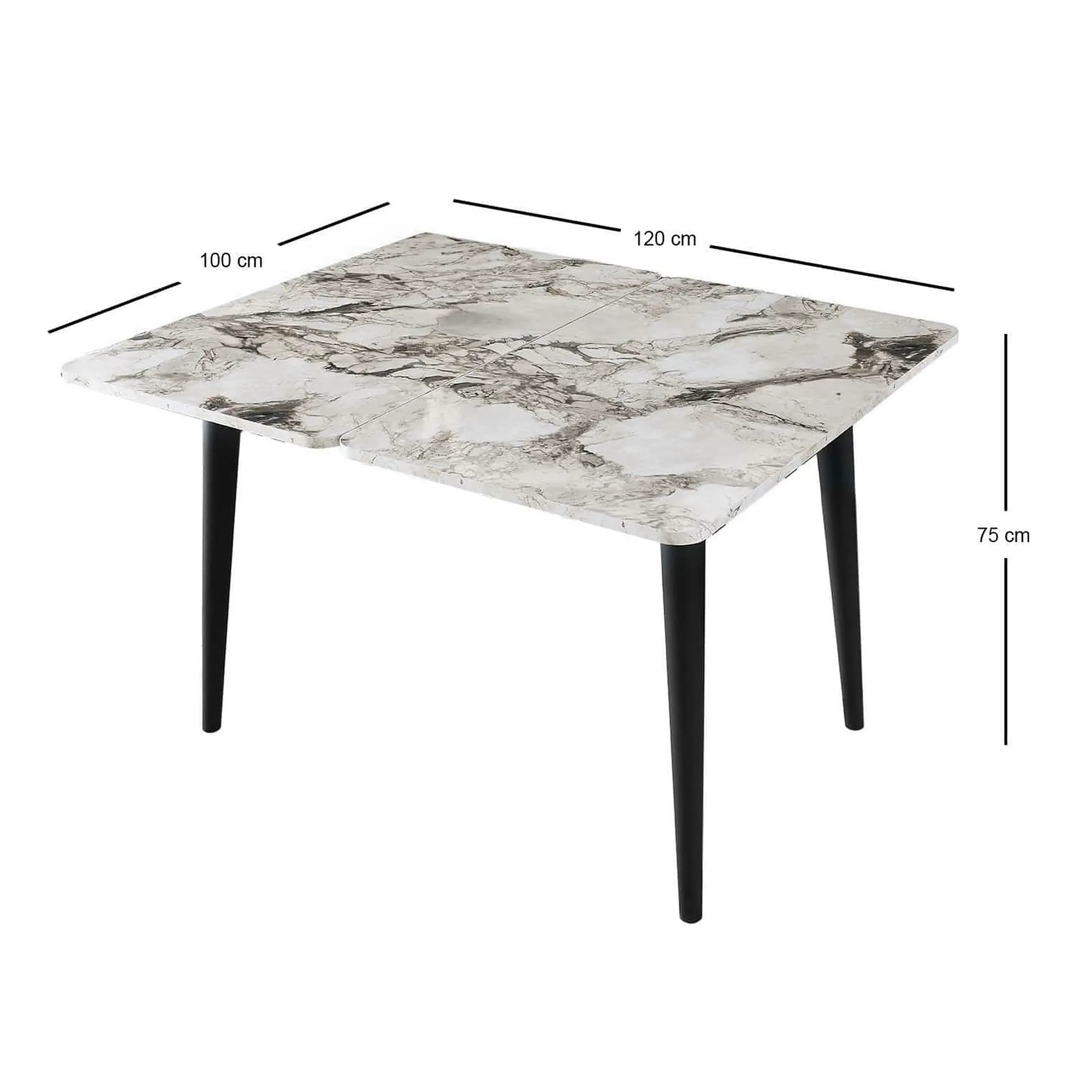 Masa extensibila DOLUNAY 1281, alb cu efect de marmura, PAL melaminat/metal, 100/120x60/100x75 cm