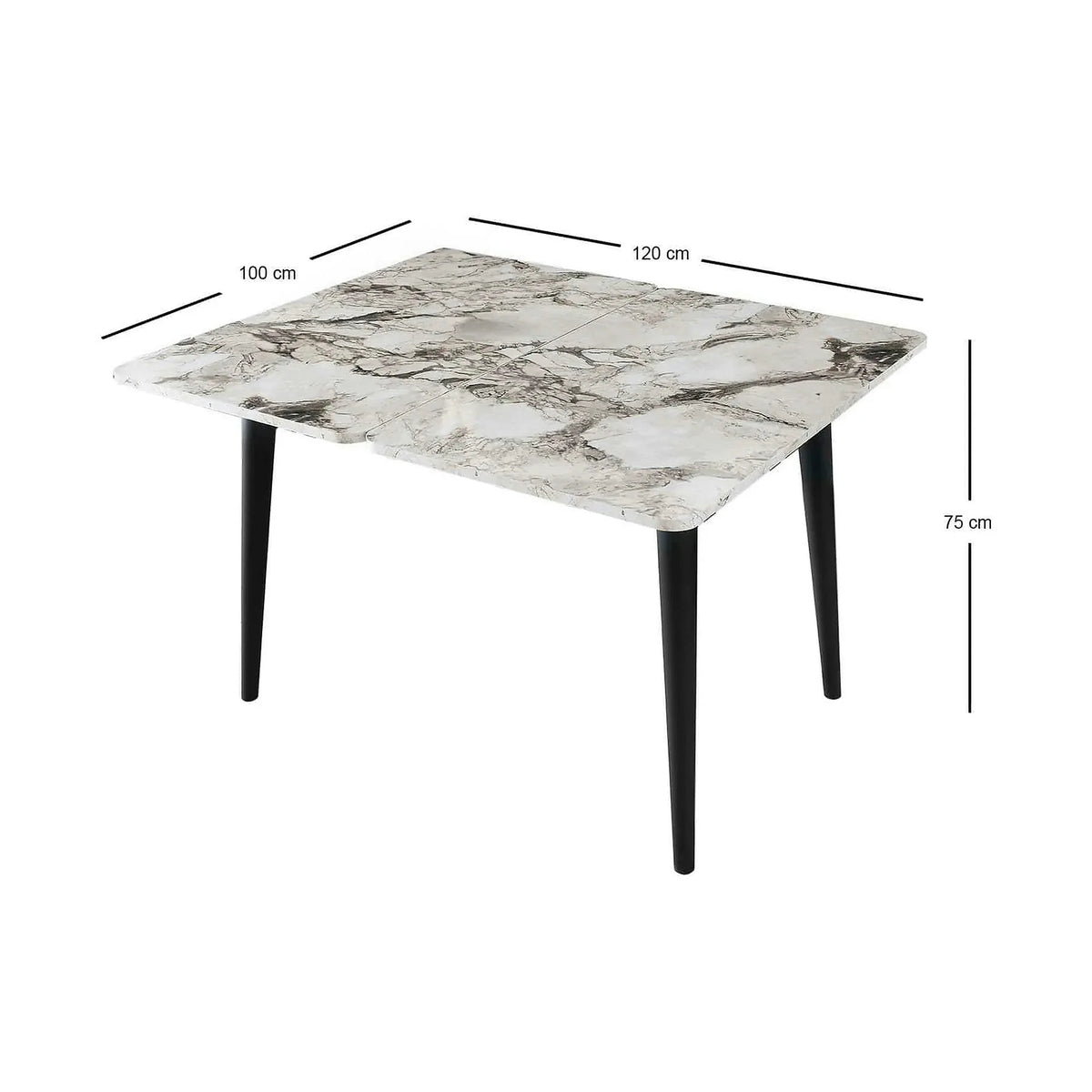 Masa extensibila DOLUNAY 1281, alb cu efect de marmura, PAL melaminat/metal, 100/120x60/100x75 cm