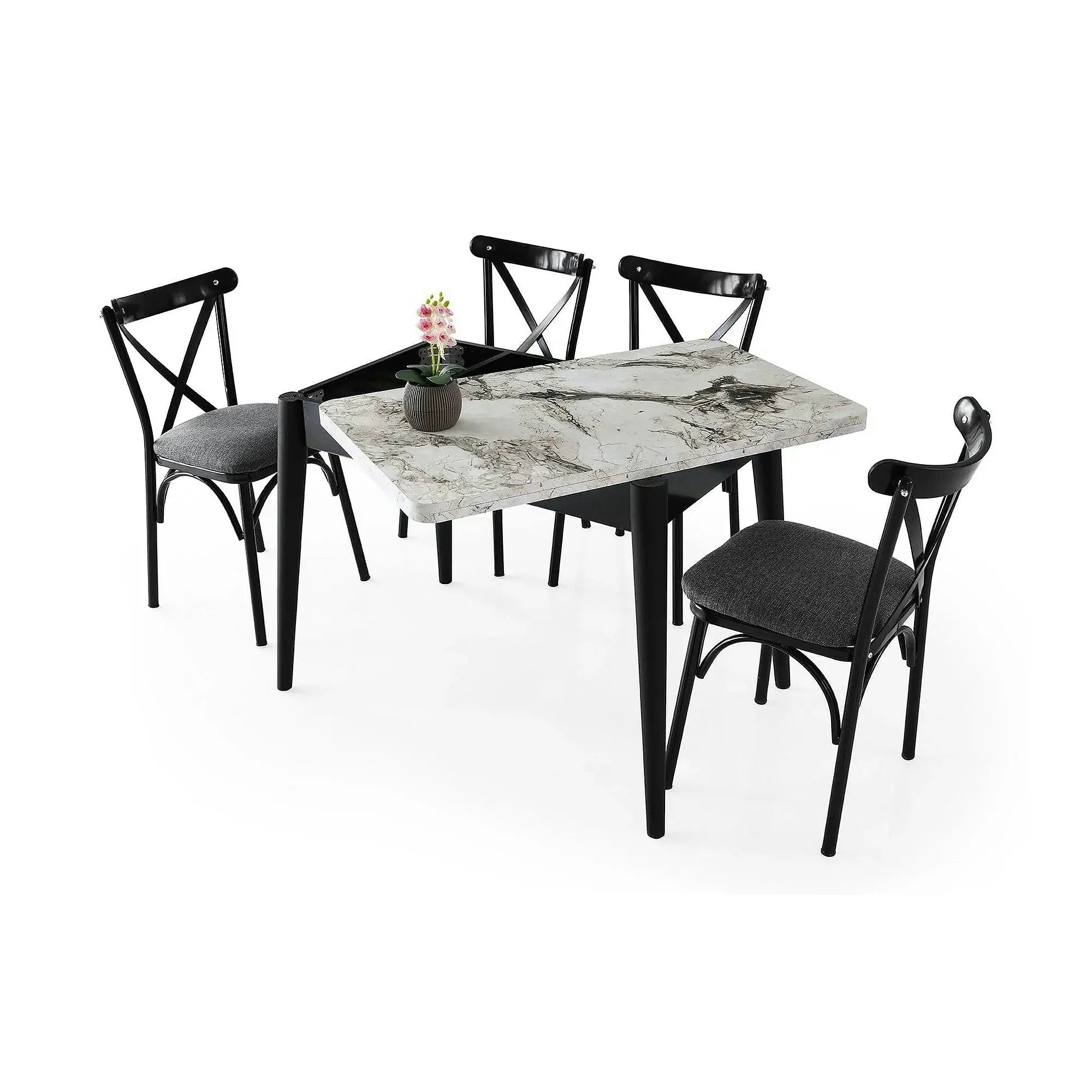 Masa extensibila DOLUNAY 1281, alb cu efect de marmura, PAL melaminat/metal, 100/120x60/100x75 cm