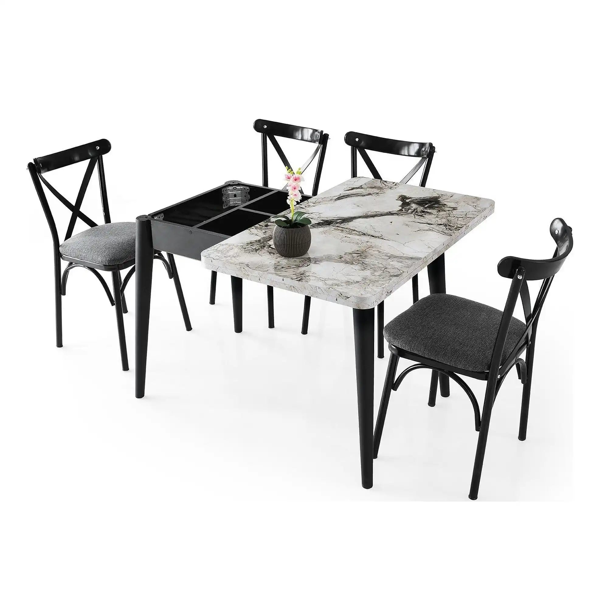 Masa extensibila DOLUNAY 1281, alb cu efect de marmura, PAL melaminat/metal, 100/120x60/100x75 cm