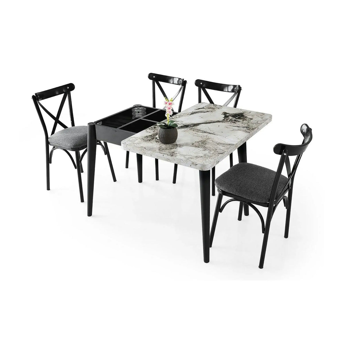 Masa extensibila DOLUNAY 1281, alb cu efect de marmura, PAL melaminat/metal, 100/120x60/100x75 cm