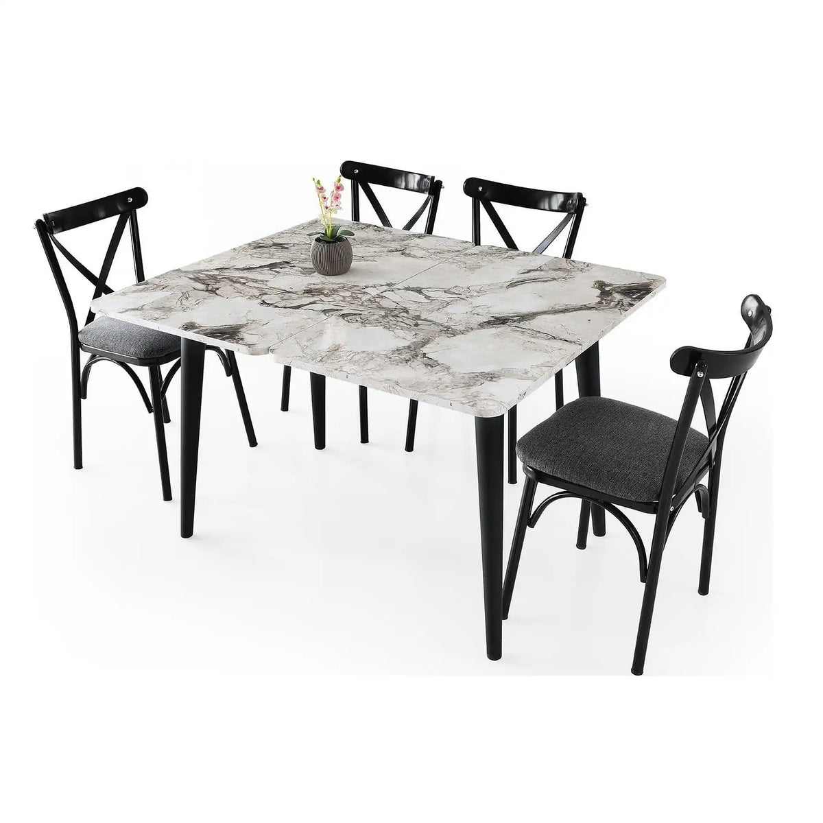 Masa extensibila DOLUNAY 1281, alb cu efect de marmura, PAL melaminat/metal, 100/120x60/100x75 cm