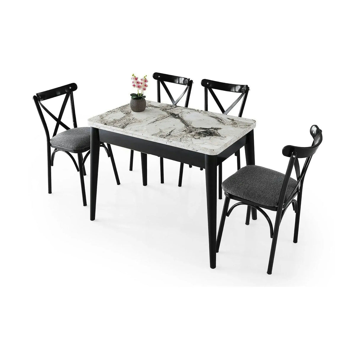 Masa extensibila DOLUNAY 1281, alb cu efect de marmura, PAL melaminat/metal, 100/120x60/100x75 cm