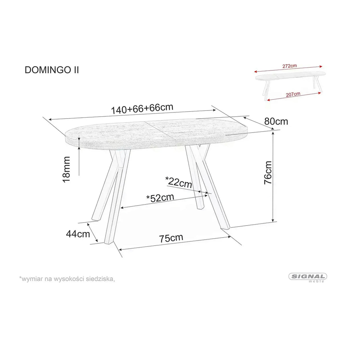 Masa extensibila DOMINGO II, stejar natural/negru, PAL laminat/metal, 140/272x80x76 cm