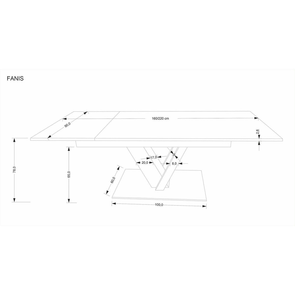 Masa extensibila FANIS, stejar/negru, 160/220x90x78 cm